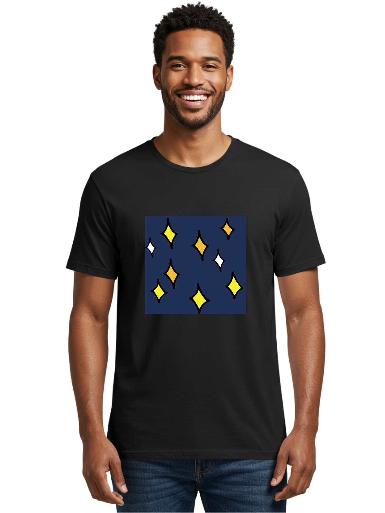 Yellow-Diamonds Men'S Graphic Tee, 100% Cotton, Comfortable Casual Summer Wear, Machine Washable, Diamond Shapes, Yellow And White Diamonds, Dark Blue Background, Abstract Design, Modern Art, Minimalist Style, Geometric Pattern, Aab180