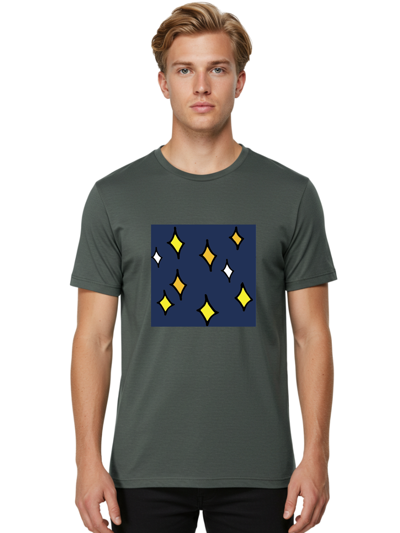 Yellow-Diamonds Men'S Graphic Tee, 100% Cotton, Comfortable Casual Summer Wear, Machine Washable, Diamond Shapes, Yellow And White Diamonds, Dark Blue Background, Abstract Design, Modern Art, Minimalist Style, Geometric Pattern, Aab180