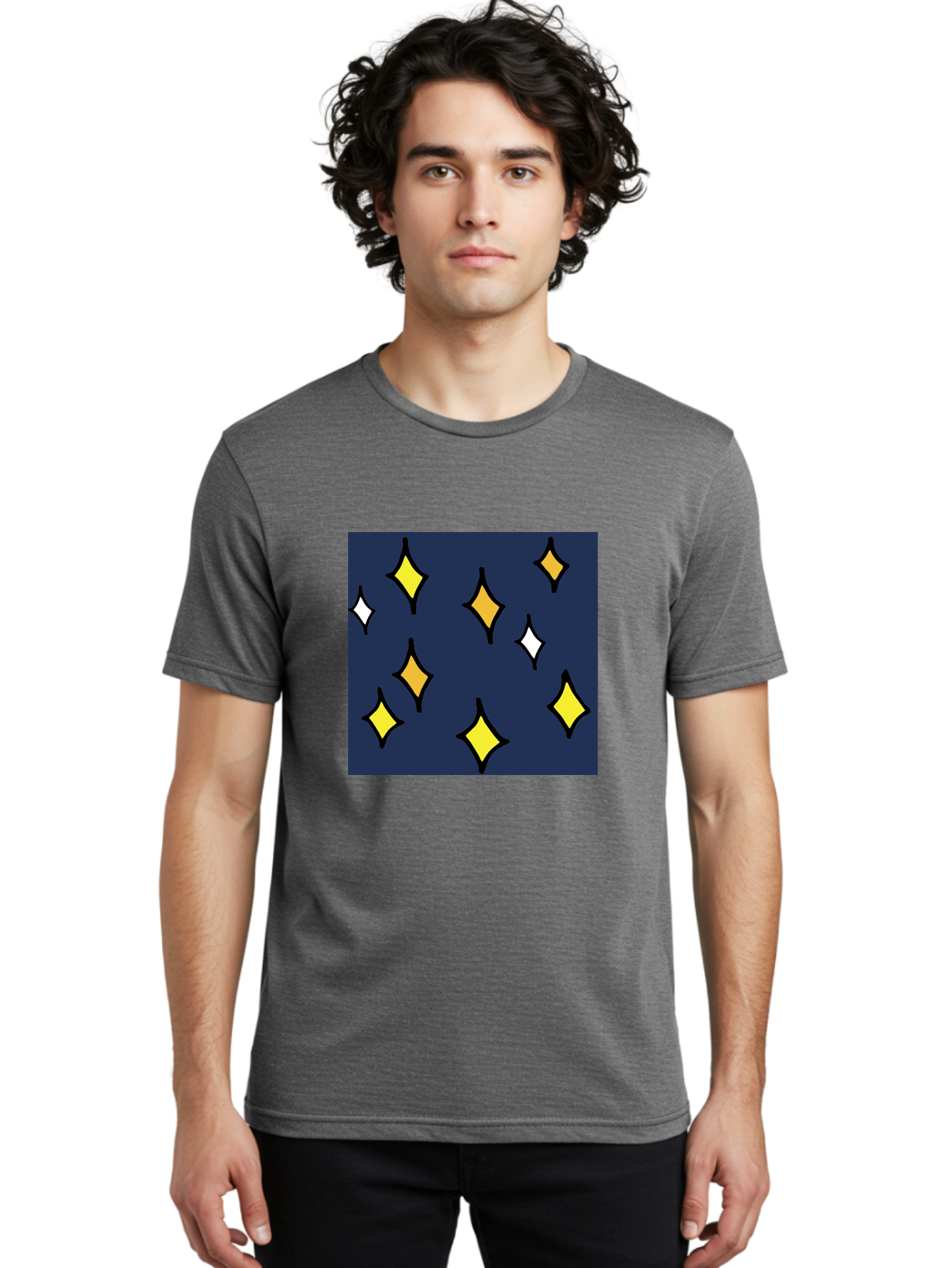 Yellow-Diamonds Men'S Graphic Tee, 100% Cotton, Comfortable Casual Summer Wear, Machine Washable, Diamond Shapes, Yellow And White Diamonds, Dark Blue Background, Abstract Design, Modern Art, Minimalist Style, Geometric Pattern, Aab180