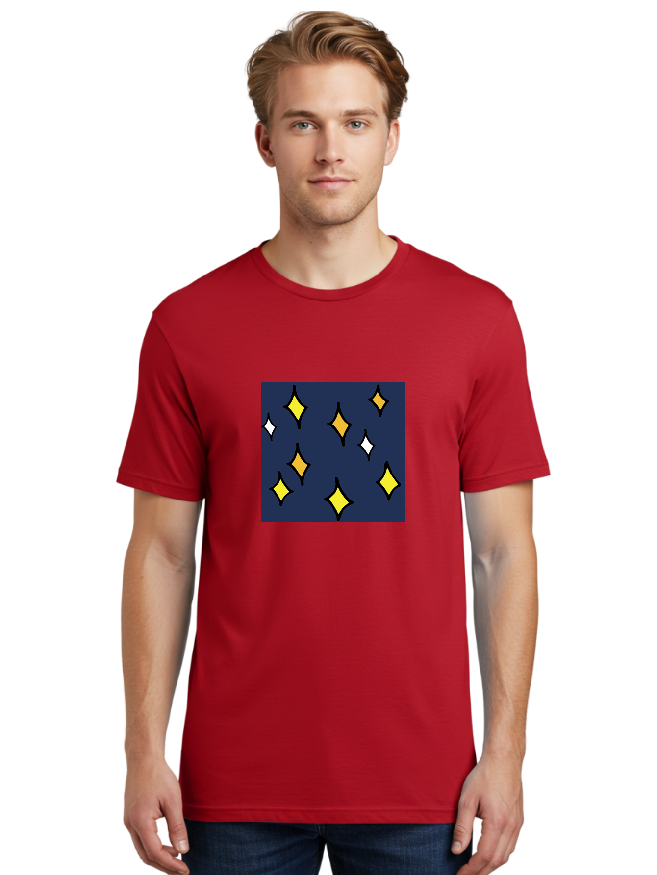 Yellow-Diamonds Men'S Graphic Tee, 100% Cotton, Comfortable Casual Summer Wear, Machine Washable, Diamond Shapes, Yellow And White Diamonds, Dark Blue Background, Abstract Design, Modern Art, Minimalist Style, Geometric Pattern, Aab180