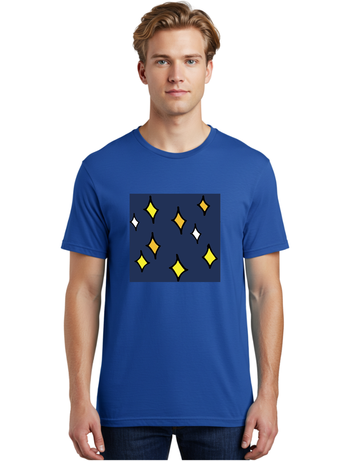 Yellow-Diamonds Men'S Graphic Tee, 100% Cotton, Comfortable Casual Summer Wear, Machine Washable, Diamond Shapes, Yellow And White Diamonds, Dark Blue Background, Abstract Design, Modern Art, Minimalist Style, Geometric Pattern, Aab180