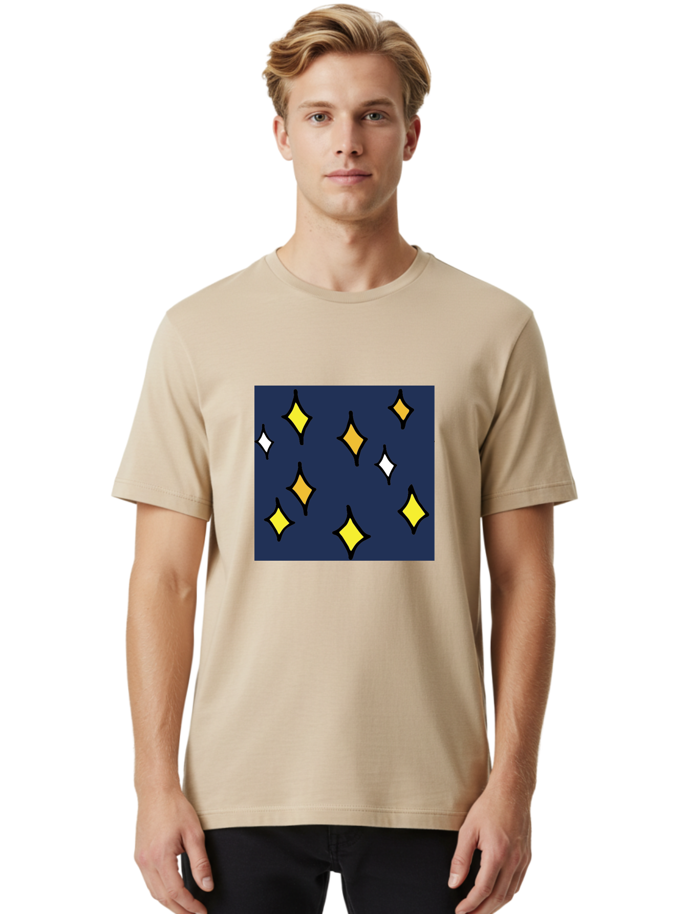 Yellow-Diamonds Men'S Graphic Tee, 100% Cotton, Comfortable Casual Summer Wear, Machine Washable, Diamond Shapes, Yellow And White Diamonds, Dark Blue Background, Abstract Design, Modern Art, Minimalist Style, Geometric Pattern, Aab180
