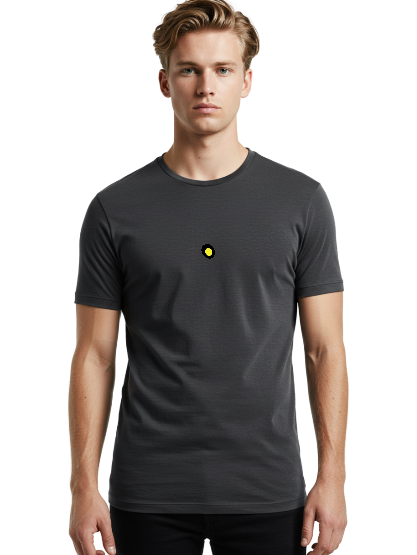Yellow-Dot Men'S Graphic Tee, 100% Cotton, Comfortable Casual Summer Wear, Machine Washable, Simple Graphics, Black Circle, Yellow Dot, Modern Design, Minimalist Art, Abstract Shapes, Geometric Patterns, Yellow And Black Colors Aab181