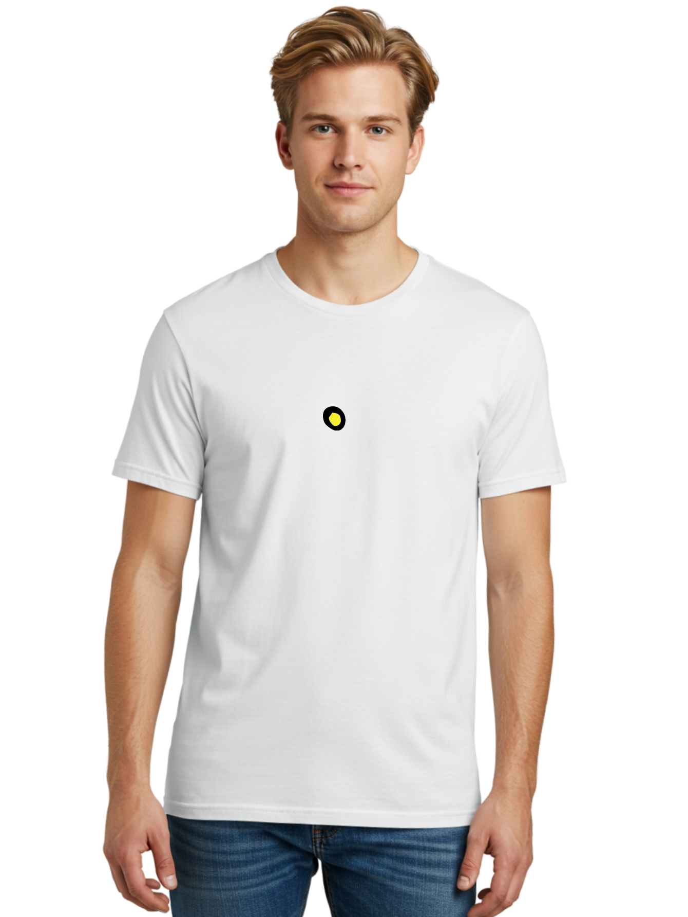 Yellow-Dot Men'S Graphic Tee, 100% Cotton, Comfortable Casual Summer Wear, Machine Washable, Simple Graphics, Black Circle, Yellow Dot, Modern Design, Minimalist Art, Abstract Shapes, Geometric Patterns, Yellow And Black Colors Aab181