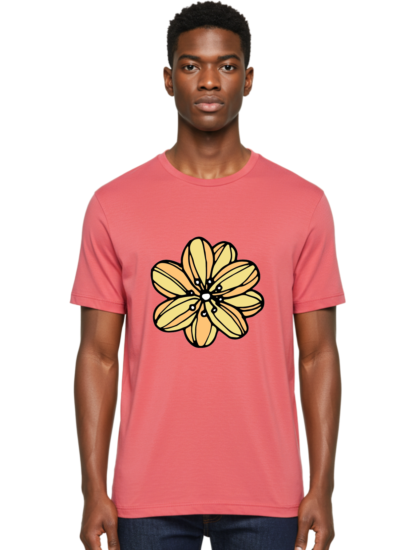 Yellow-Flower Men'S Graphic Tee, 100% Cotton, Comfortable Casual Summer Wear, Machine Washable, Cartoon Flower, Yellow Petals, Simple Design, Black Outline, Floral Illustration, Digital Art, Minimalist Style Aab182