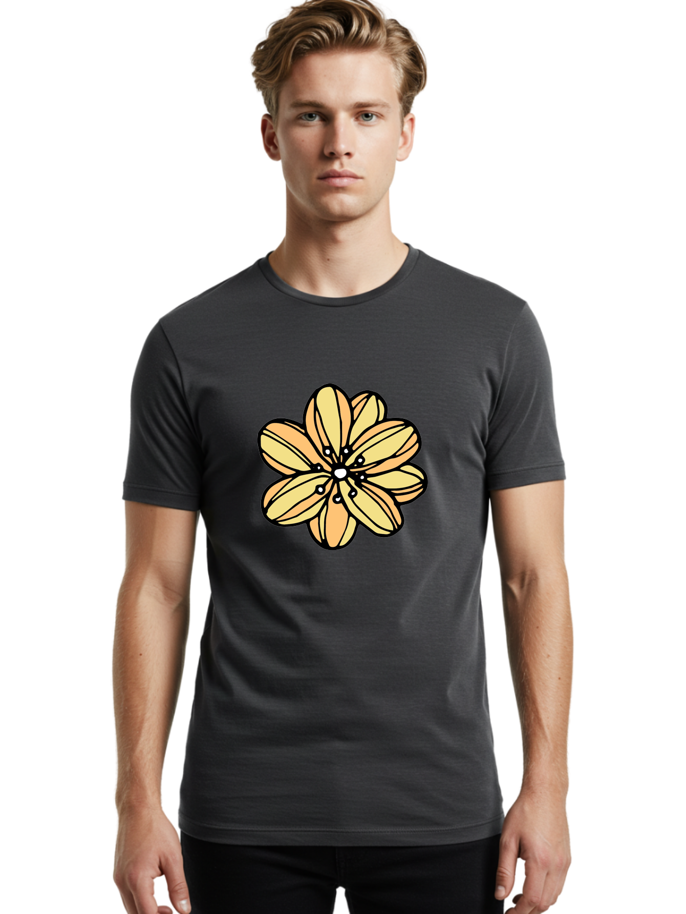 Yellow-Flower Men'S Graphic Tee, 100% Cotton, Comfortable Casual Summer Wear, Machine Washable, Cartoon Flower, Yellow Petals, Simple Design, Black Outline, Floral Illustration, Digital Art, Minimalist Style Aab182