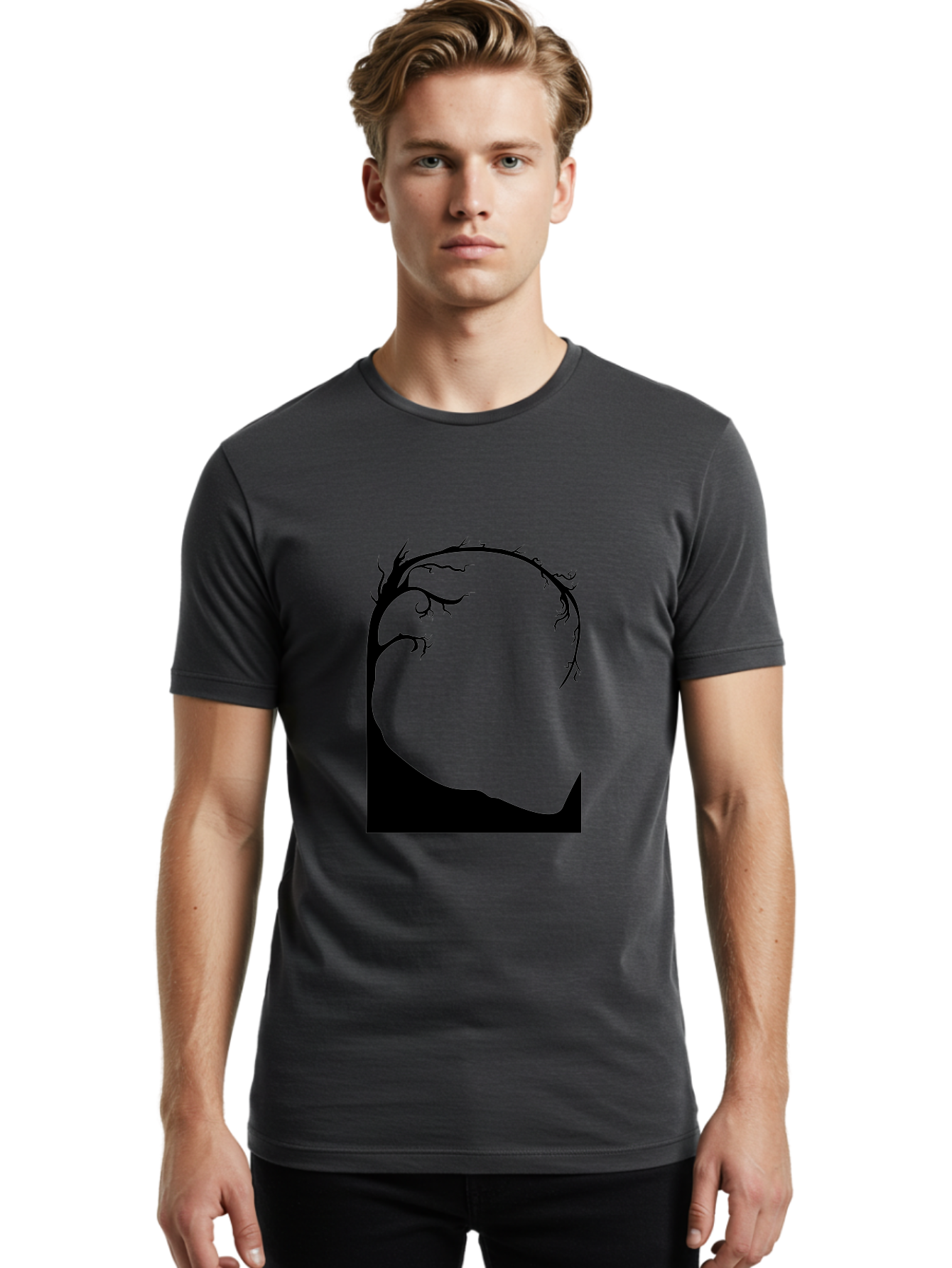 A-Tree-Silhouette Men'S Graphic Tee, 100% Cotton, Comfortable Casual Summer Wear, Machine Washable, Twisted Tree Branches, Bare Tree Silhouette, Abstract Tree Design, Minimalist Art, Black Tree On Green, Surreal Landscape, Eerie Atmosphere Aab190