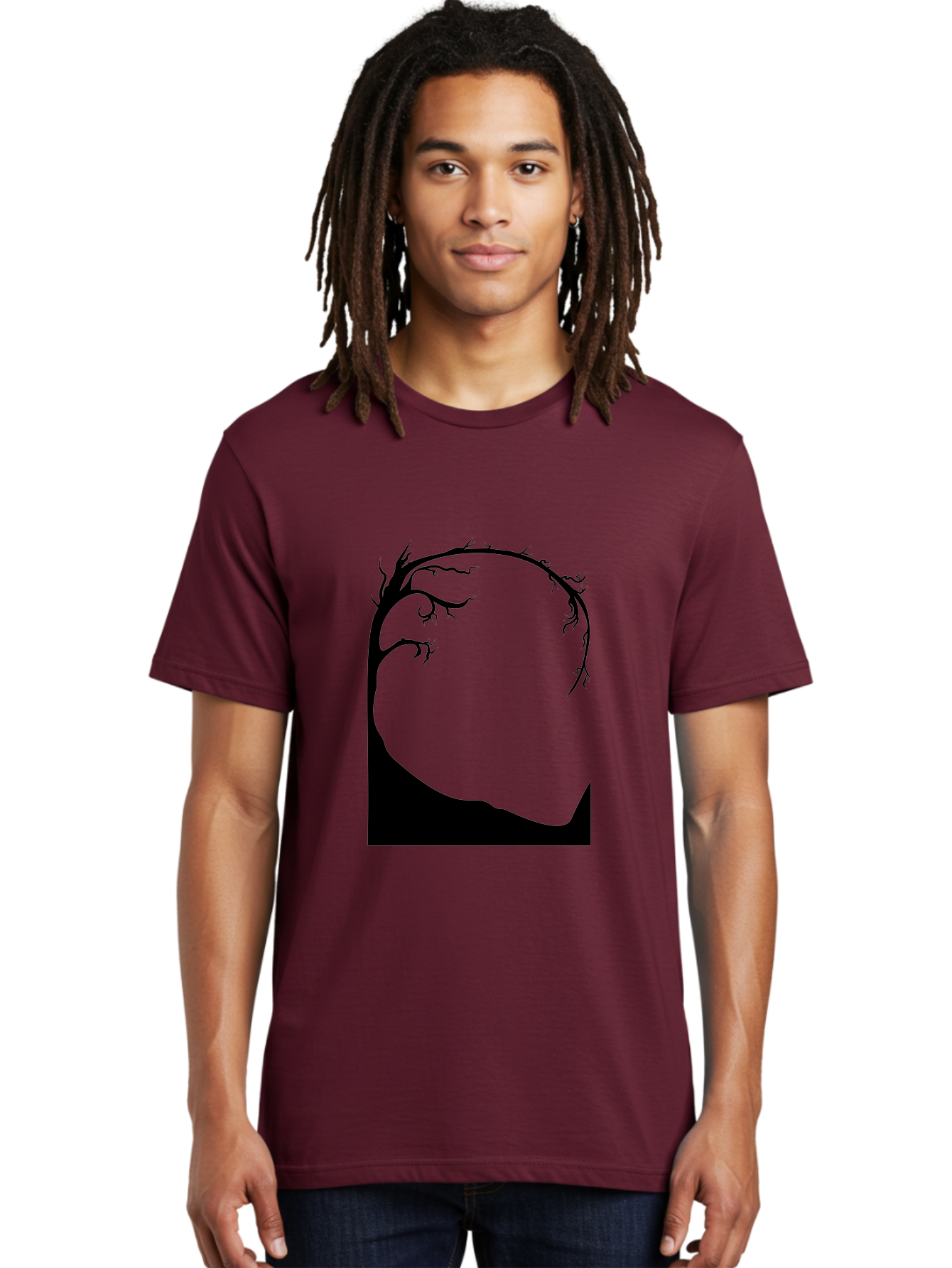 A-Tree-Silhouette Men'S Graphic Tee, 100% Cotton, Comfortable Casual Summer Wear, Machine Washable, Twisted Tree Branches, Bare Tree Silhouette, Abstract Tree Design, Minimalist Art, Black Tree On Green, Surreal Landscape, Eerie Atmosphere Aab190