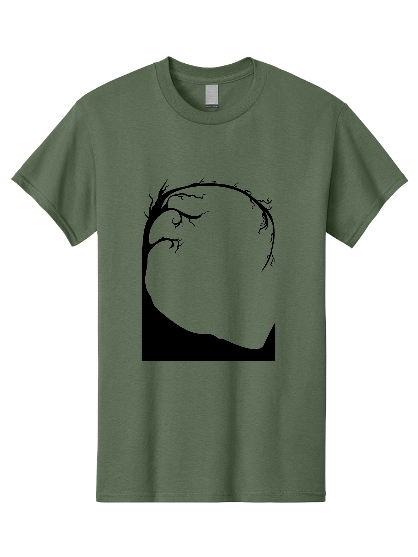 A-Tree-Silhouette Men'S Graphic Tee, 100% Cotton, Comfortable Casual Summer Wear, Machine Washable, Twisted Tree Branches, Bare Tree Silhouette, Abstract Tree Design, Minimalist Art, Black Tree On Green, Surreal Landscape, Eerie Atmosphere Aab190
