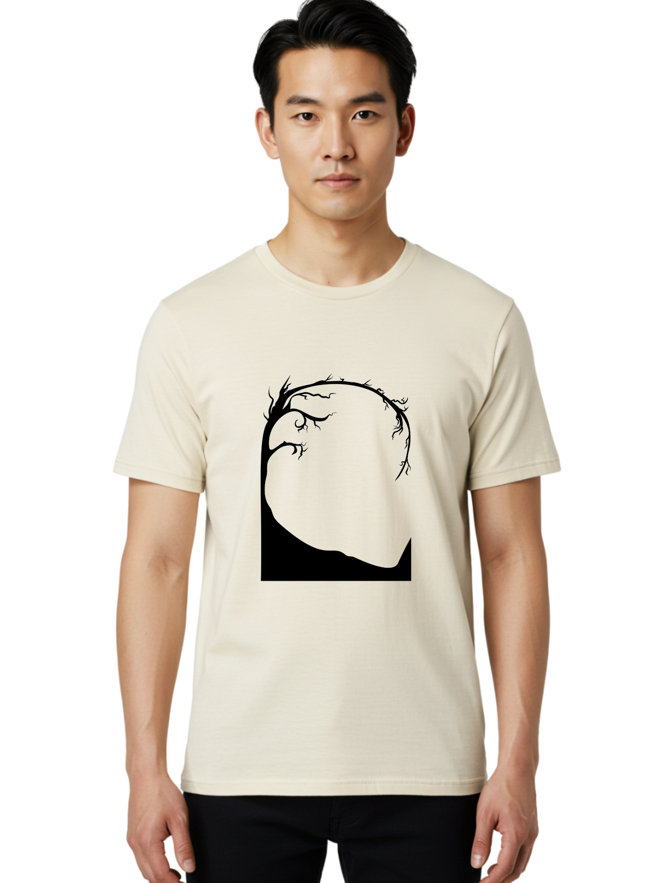 A-Tree-Silhouette Men'S Graphic Tee, 100% Cotton, Comfortable Casual Summer Wear, Machine Washable, Twisted Tree Branches, Bare Tree Silhouette, Abstract Tree Design, Minimalist Art, Black Tree On Green, Surreal Landscape, Eerie Atmosphere Aab190