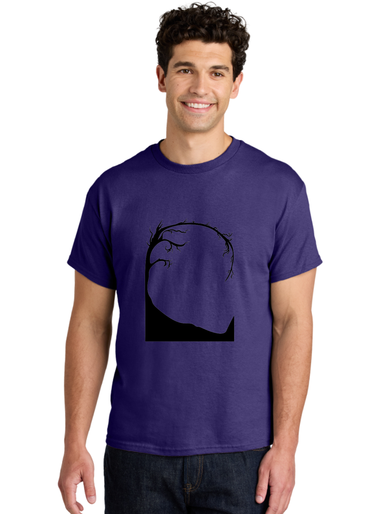 A-Tree-Silhouette Men'S Graphic Tee, 100% Cotton, Comfortable Casual Summer Wear, Machine Washable, Twisted Tree Branches, Bare Tree Silhouette, Abstract Tree Design, Minimalist Art, Black Tree On Green, Surreal Landscape, Eerie Atmosphere Aab190