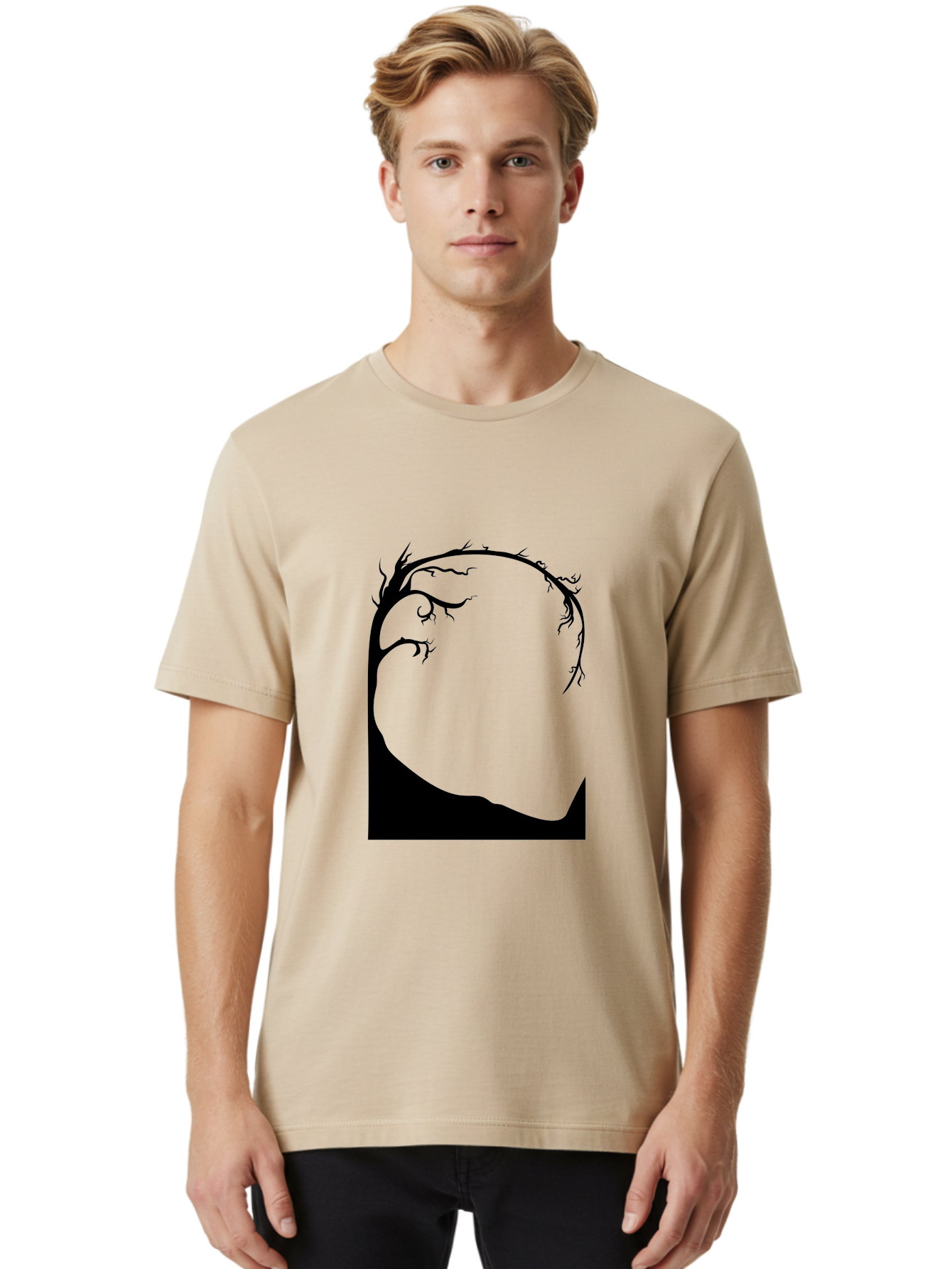 A-Tree-Silhouette Men'S Graphic Tee, 100% Cotton, Comfortable Casual Summer Wear, Machine Washable, Twisted Tree Branches, Bare Tree Silhouette, Abstract Tree Design, Minimalist Art, Black Tree On Green, Surreal Landscape, Eerie Atmosphere Aab190