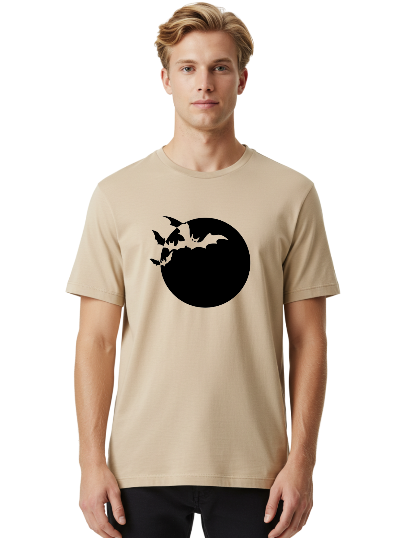 Bats-Flying-Around-Moon Men'S Graphic Tee, 100% Cotton, Comfortable Casual Summer Wear, Machine Washable, Black Bats, Flying Creatures, Dark Silhouettes, Spooky Atmosphere, Halloween Theme, Mystical Night, Winged Animals, Eerie Ambiance Aab195