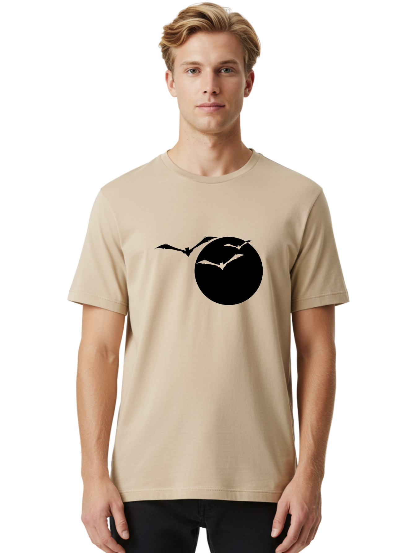 Bats-Flying Men'S Graphic Tee, 100% Cotton, Comfortable Casual Summer Wear, Machine Washable, Bats Flying Around The Moon, Spooky Atmosphere, Halloween Theme, Nighttime Scene, Mysterious Ambiance, Bats In Flight, Lunar Background, Aab197