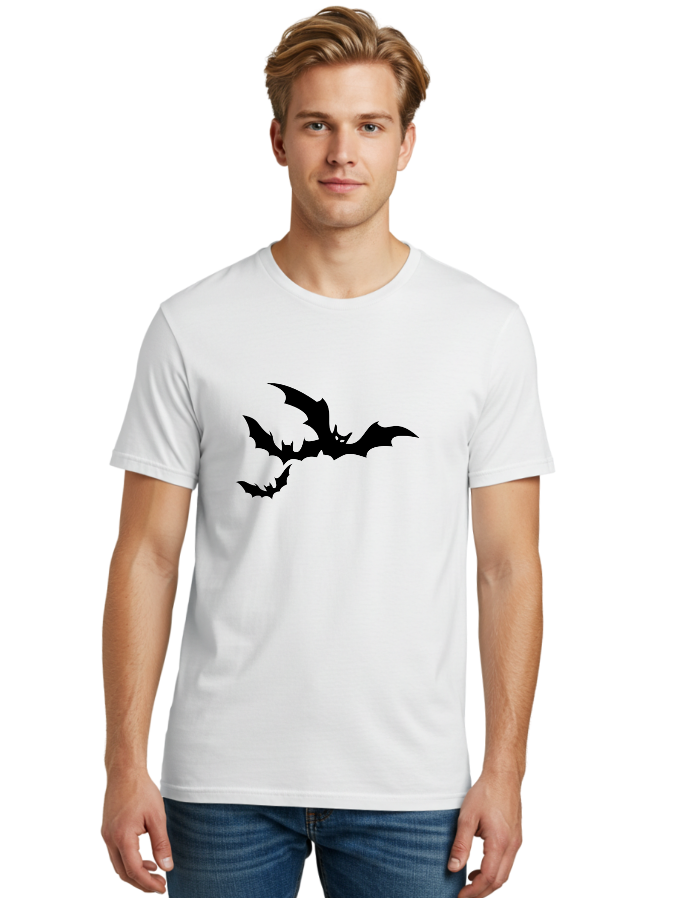 Bats Men'S Graphic Tee, 100% Cotton, Comfortable Casual Summer Wear, Machine Washable, Flying Bats, Silhouette Art, Bat Wings, Halloween Decorations, Spooky Atmosphere, Dark Creatures, Nocturnal Animals, Flying Mammals Aab198