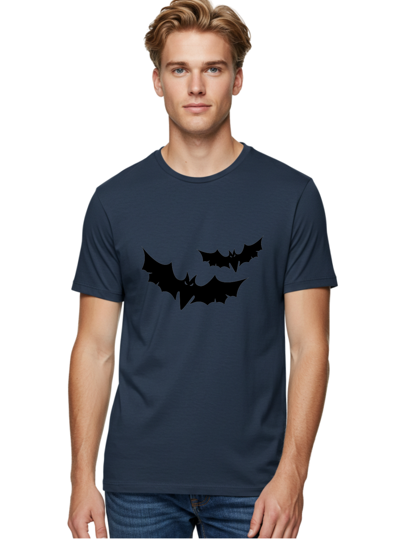Black-Bats Men'S Graphic Tee, 100% Cotton, Comfortable Casual Summer Wear, Machine Washable, Halloween Bats, Black Bats, Bat Silhouettes, Spooky Decor, Halloween Decorations, Flying Bats, Halloween Theme Aab201
