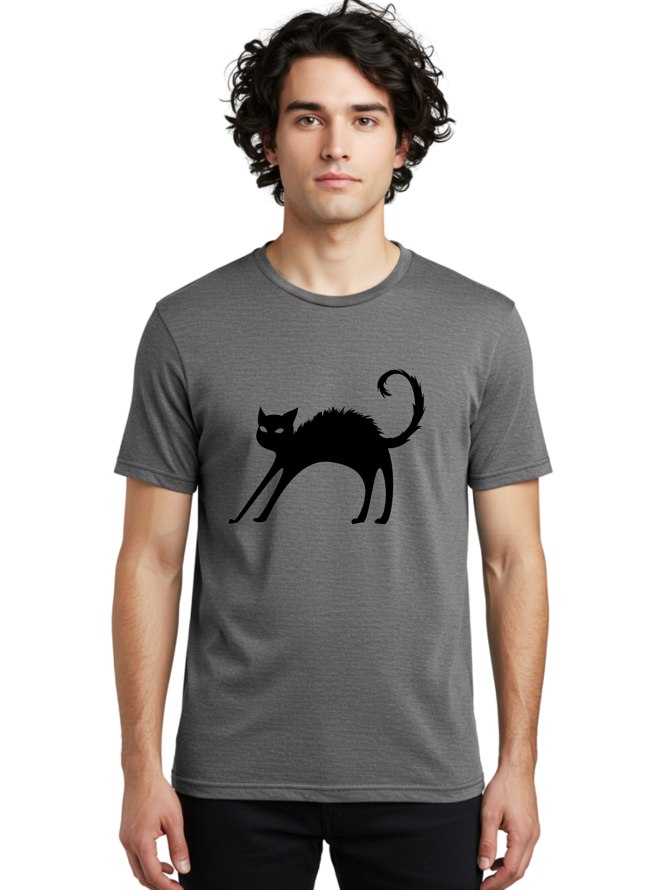 Black-Cat-Silhouette-1 Men'S Graphic Tee, 100% Cotton, Comfortable Casual Summer Wear, Machine Washable, Black Cat Silhouette, Spooky Cat, Halloween Symbol, Mysterious Animal, Glowing Eyes, Feline Silhouette, Mystical Creature, Aab202