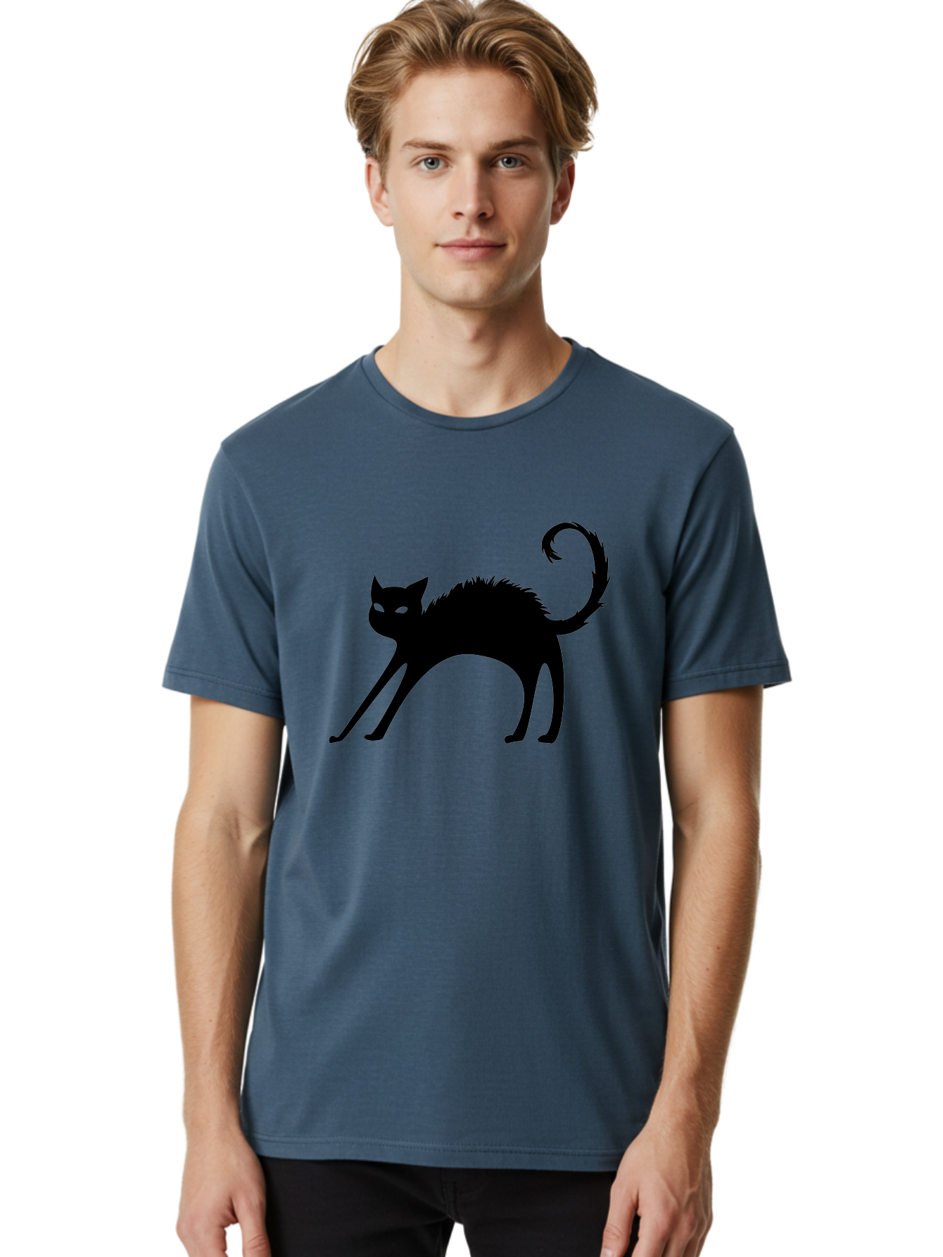 Black-Cat-Silhouette-1 Men'S Graphic Tee, 100% Cotton, Comfortable Casual Summer Wear, Machine Washable, Black Cat Silhouette, Spooky Cat, Halloween Symbol, Mysterious Animal, Glowing Eyes, Feline Silhouette, Mystical Creature, Aab202
