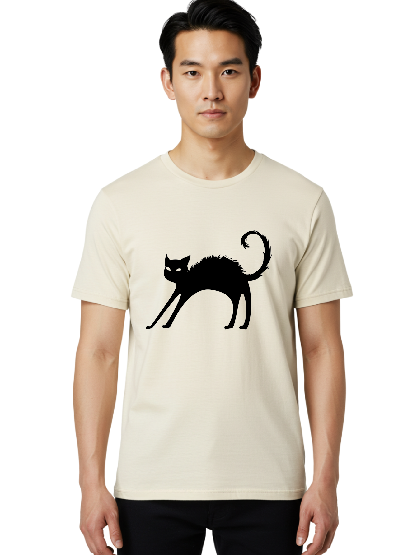 Black-Cat-Silhouette-1 Men'S Graphic Tee, 100% Cotton, Comfortable Casual Summer Wear, Machine Washable, Black Cat Silhouette, Spooky Cat, Halloween Symbol, Mysterious Animal, Glowing Eyes, Feline Silhouette, Mystical Creature, Aab202