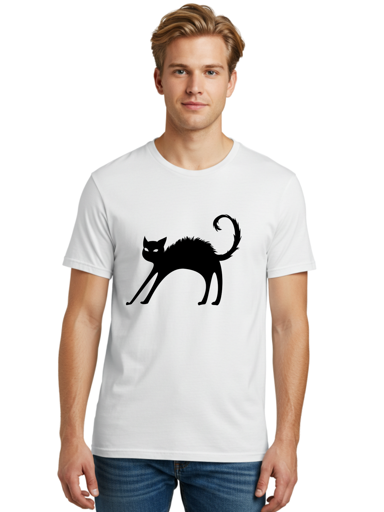 Black-Cat-Silhouette-1 Men'S Graphic Tee, 100% Cotton, Comfortable Casual Summer Wear, Machine Washable, Black Cat Silhouette, Spooky Cat, Halloween Symbol, Mysterious Animal, Glowing Eyes, Feline Silhouette, Mystical Creature, Aab202