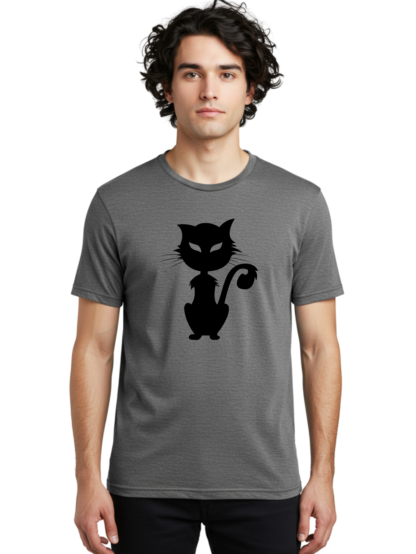 Black-Cat-Silhouette-2 Men'S Graphic Tee, 100% Cotton, Comfortable Casual Summer Wear, Machine Washable, Black Cat, Cat Silhouette, Feline Figure, Glowing Green Eyes, Mystical Cat, Cat Graphic, Spooky Cat, Mysterious Animal, Halloween Icon Aab203