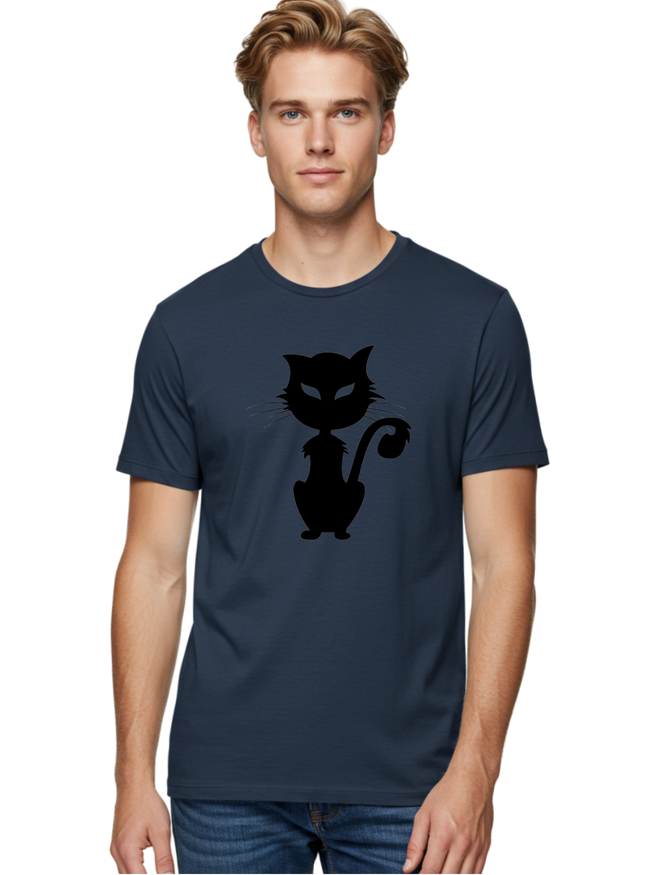 Black-Cat-Silhouette-2 Men'S Graphic Tee, 100% Cotton, Comfortable Casual Summer Wear, Machine Washable, Black Cat, Cat Silhouette, Feline Figure, Glowing Green Eyes, Mystical Cat, Cat Graphic, Spooky Cat, Mysterious Animal, Halloween Icon Aab203