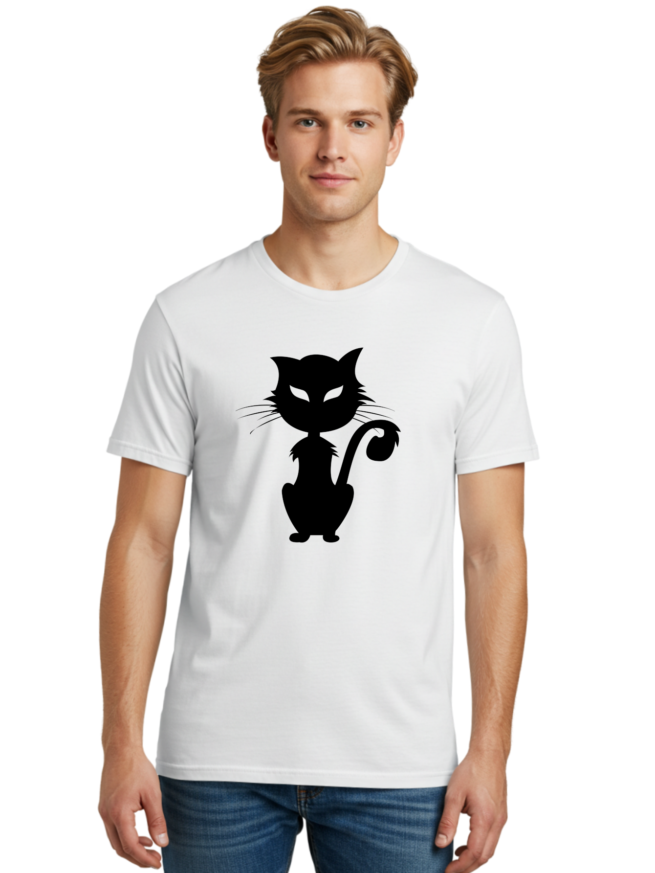 Black-Cat-Silhouette-2 Men'S Graphic Tee, 100% Cotton, Comfortable Casual Summer Wear, Machine Washable, Black Cat, Cat Silhouette, Feline Figure, Glowing Green Eyes, Mystical Cat, Cat Graphic, Spooky Cat, Mysterious Animal, Halloween Icon Aab203