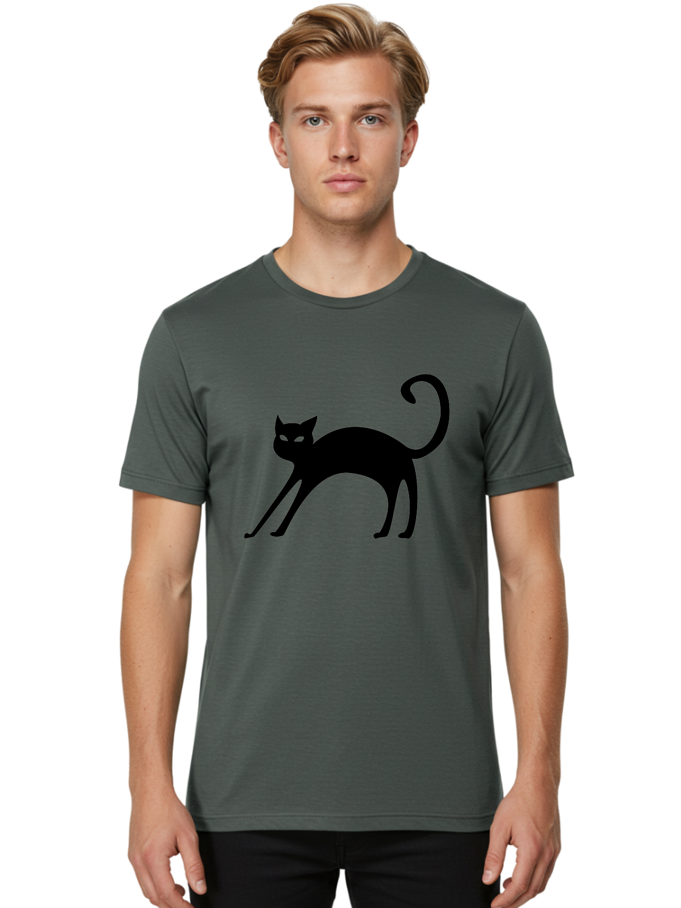 Black-Cat-Silhouette Men'S Graphic Tee, 100% Cotton, Comfortable Casual Summer Wear, Machine Washable, Black Cat Silhouette, Mysterious Eyes, Glowing Green Eyes, Feline Figure, Spooky Atmosphere, Halloween Icon, Cat Illustration, Aab204
