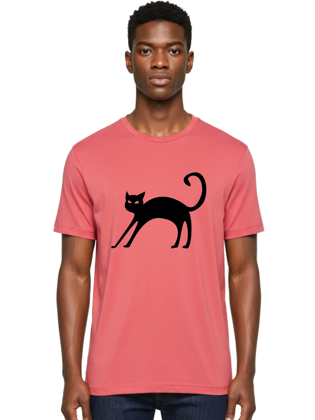 Black-Cat-Silhouette Men'S Graphic Tee, 100% Cotton, Comfortable Casual Summer Wear, Machine Washable, Black Cat Silhouette, Mysterious Eyes, Glowing Green Eyes, Feline Figure, Spooky Atmosphere, Halloween Icon, Cat Illustration, Aab204