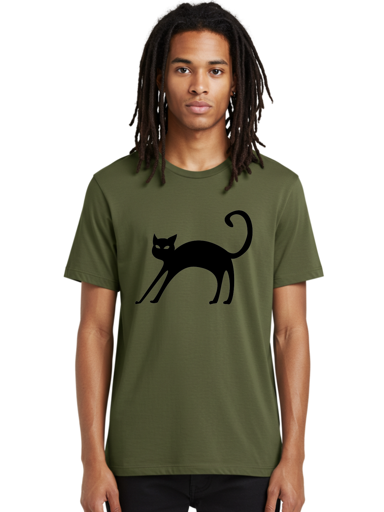 Black-Cat-Silhouette Men'S Graphic Tee, 100% Cotton, Comfortable Casual Summer Wear, Machine Washable, Black Cat Silhouette, Mysterious Eyes, Glowing Green Eyes, Feline Figure, Spooky Atmosphere, Halloween Icon, Cat Illustration, Aab204