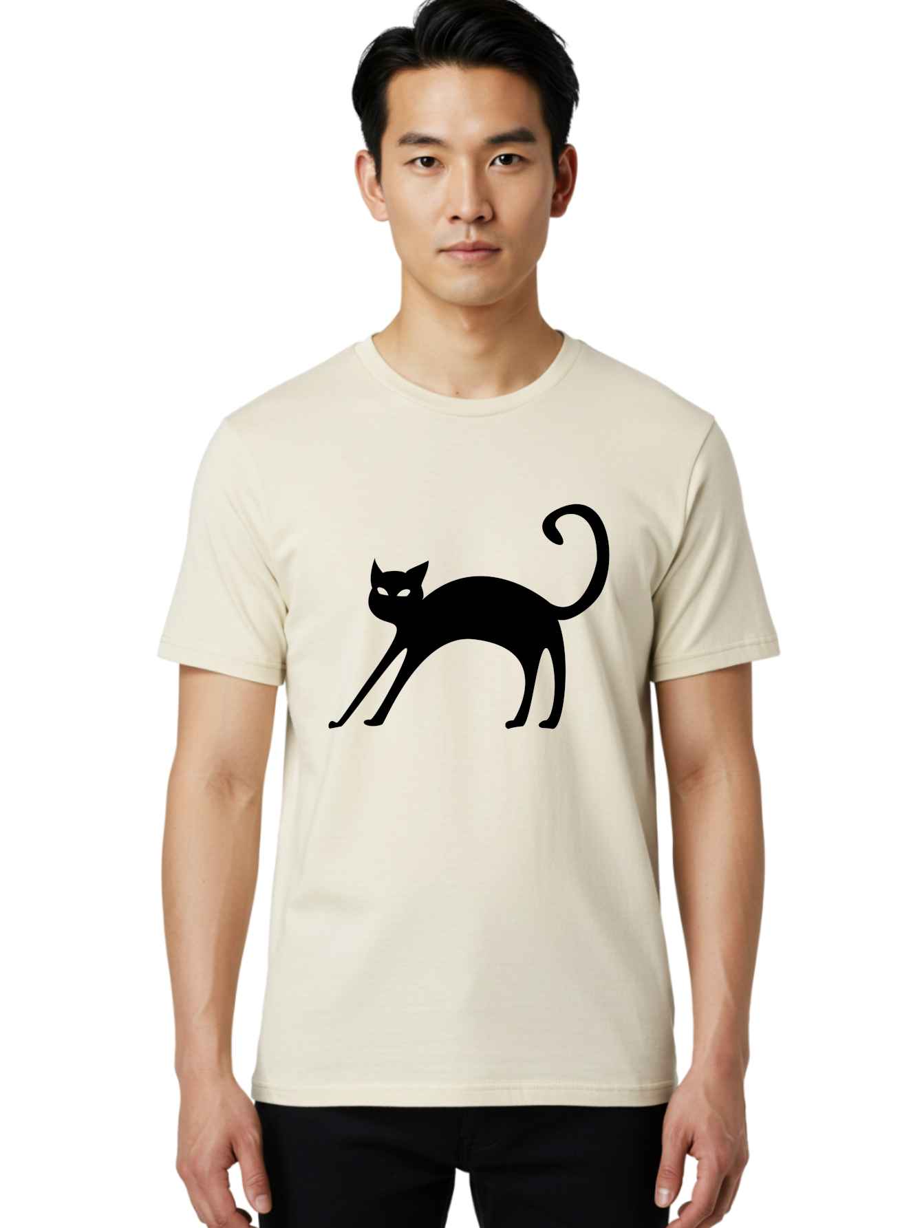 Black-Cat-Silhouette Men'S Graphic Tee, 100% Cotton, Comfortable Casual Summer Wear, Machine Washable, Black Cat Silhouette, Mysterious Eyes, Glowing Green Eyes, Feline Figure, Spooky Atmosphere, Halloween Icon, Cat Illustration, Aab204