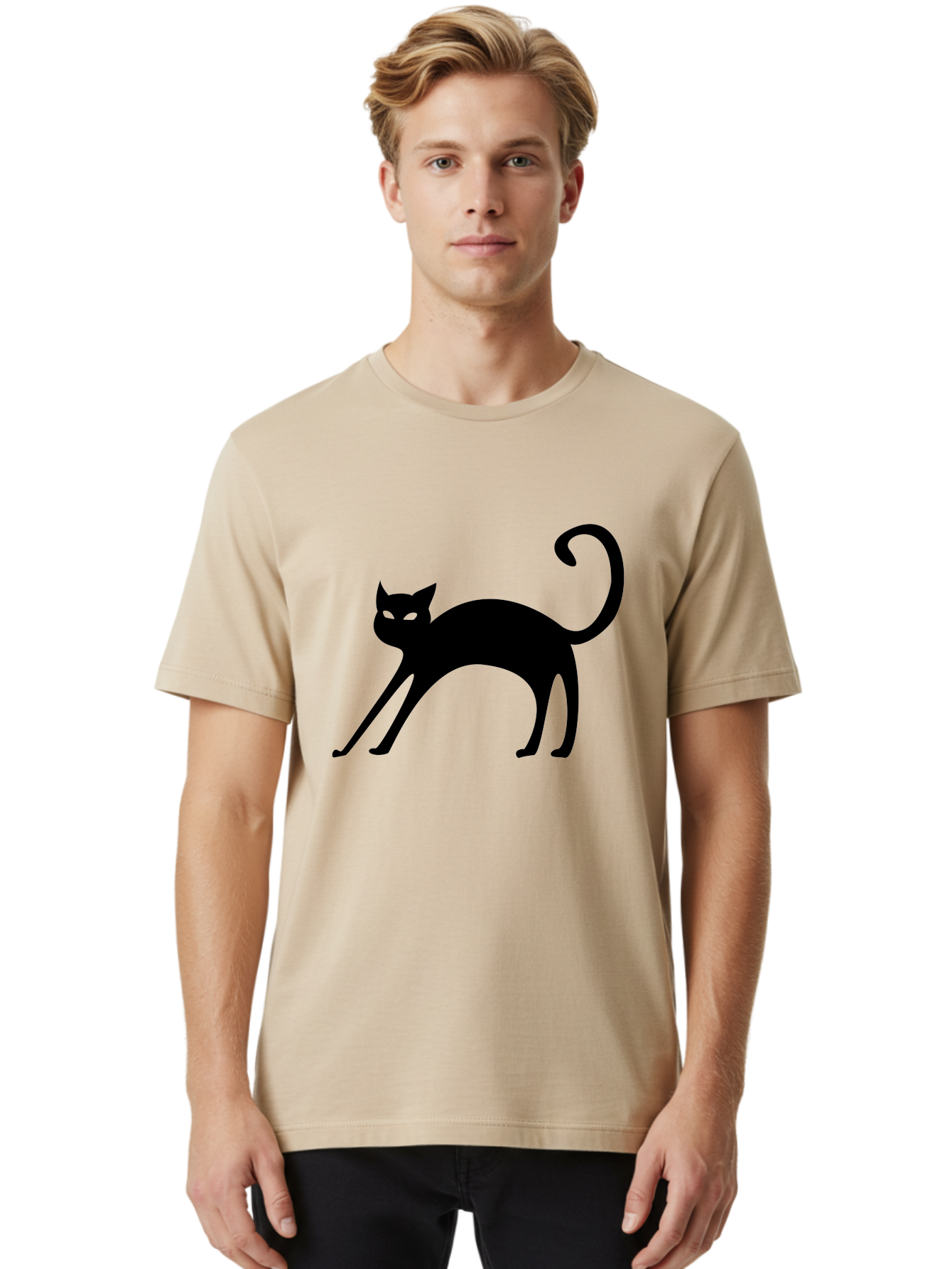 Black-Cat-Silhouette Men'S Graphic Tee, 100% Cotton, Comfortable Casual Summer Wear, Machine Washable, Black Cat Silhouette, Mysterious Eyes, Glowing Green Eyes, Feline Figure, Spooky Atmosphere, Halloween Icon, Cat Illustration, Aab204