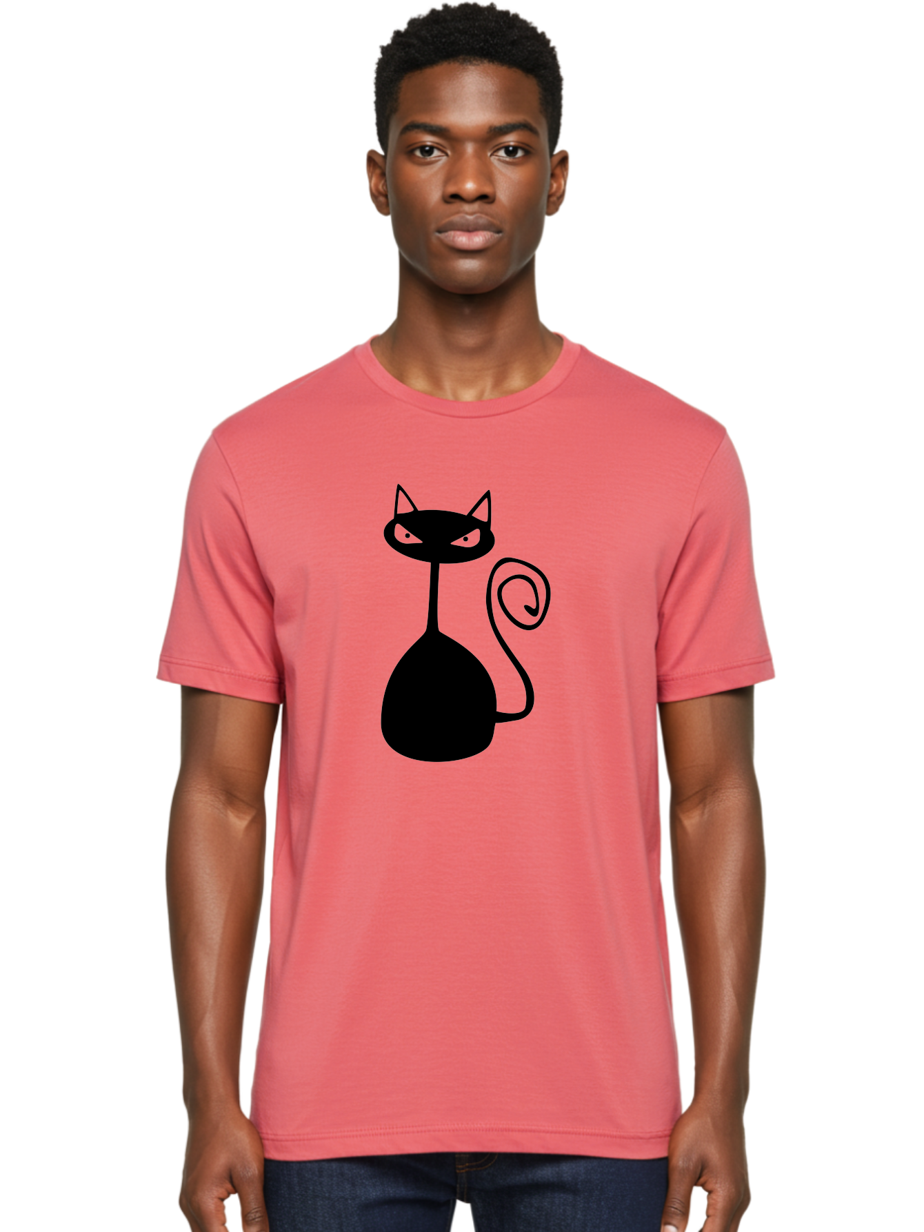 Black-Cat Men'S Graphic Tee, 100% Cotton, Comfortable Casual Summer Wear, Machine Washable, Black Cat Silhouette, Evil Cat, Green Eyes, Cartoon Style, Minimalist Design, Simple Shapes, Whimsical Art, Feline Illustration, Spooky Cat, Aab205