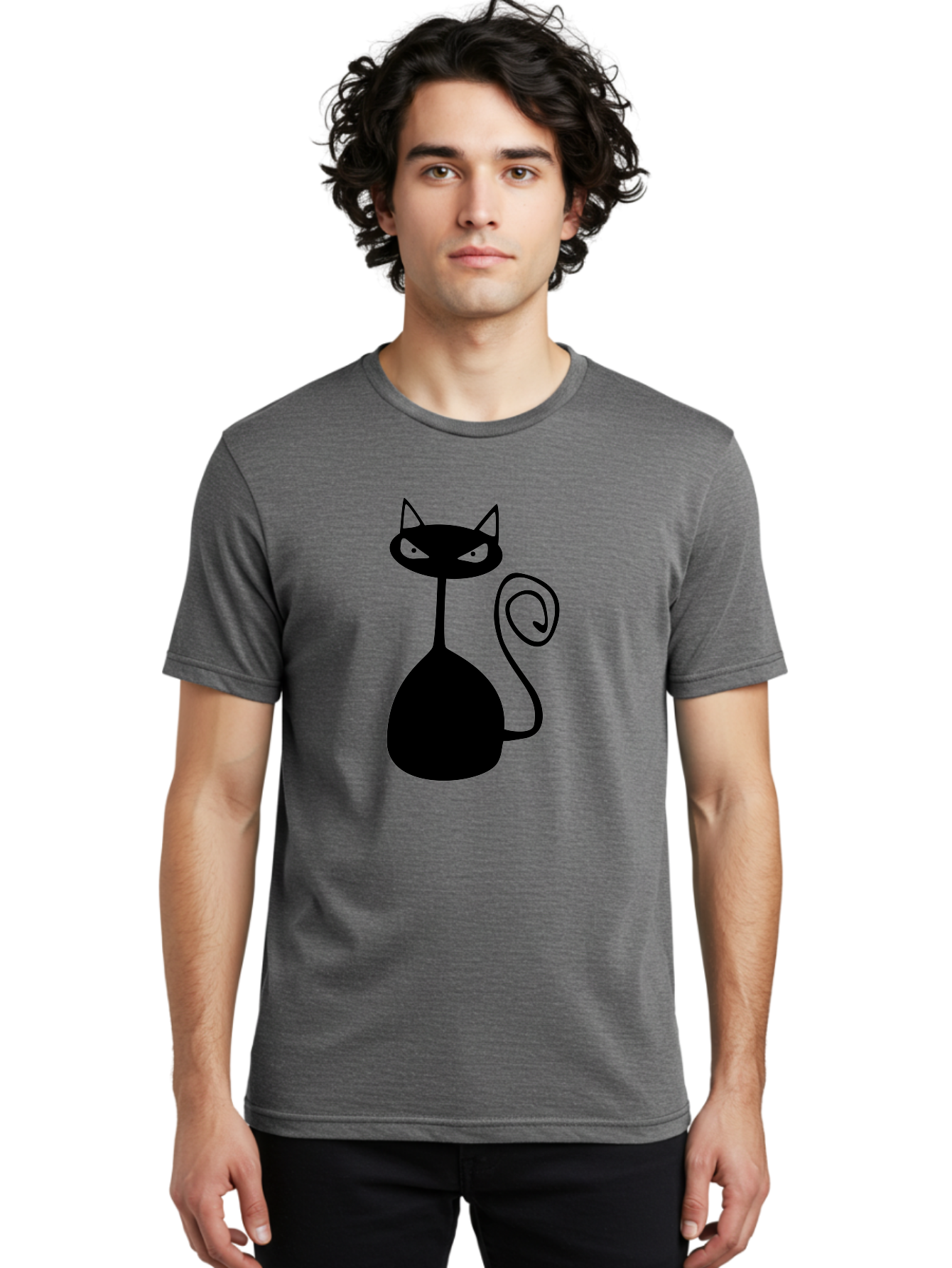 Black-Cat Men'S Graphic Tee, 100% Cotton, Comfortable Casual Summer Wear, Machine Washable, Black Cat Silhouette, Evil Cat, Green Eyes, Cartoon Style, Minimalist Design, Simple Shapes, Whimsical Art, Feline Illustration, Spooky Cat, Aab205
