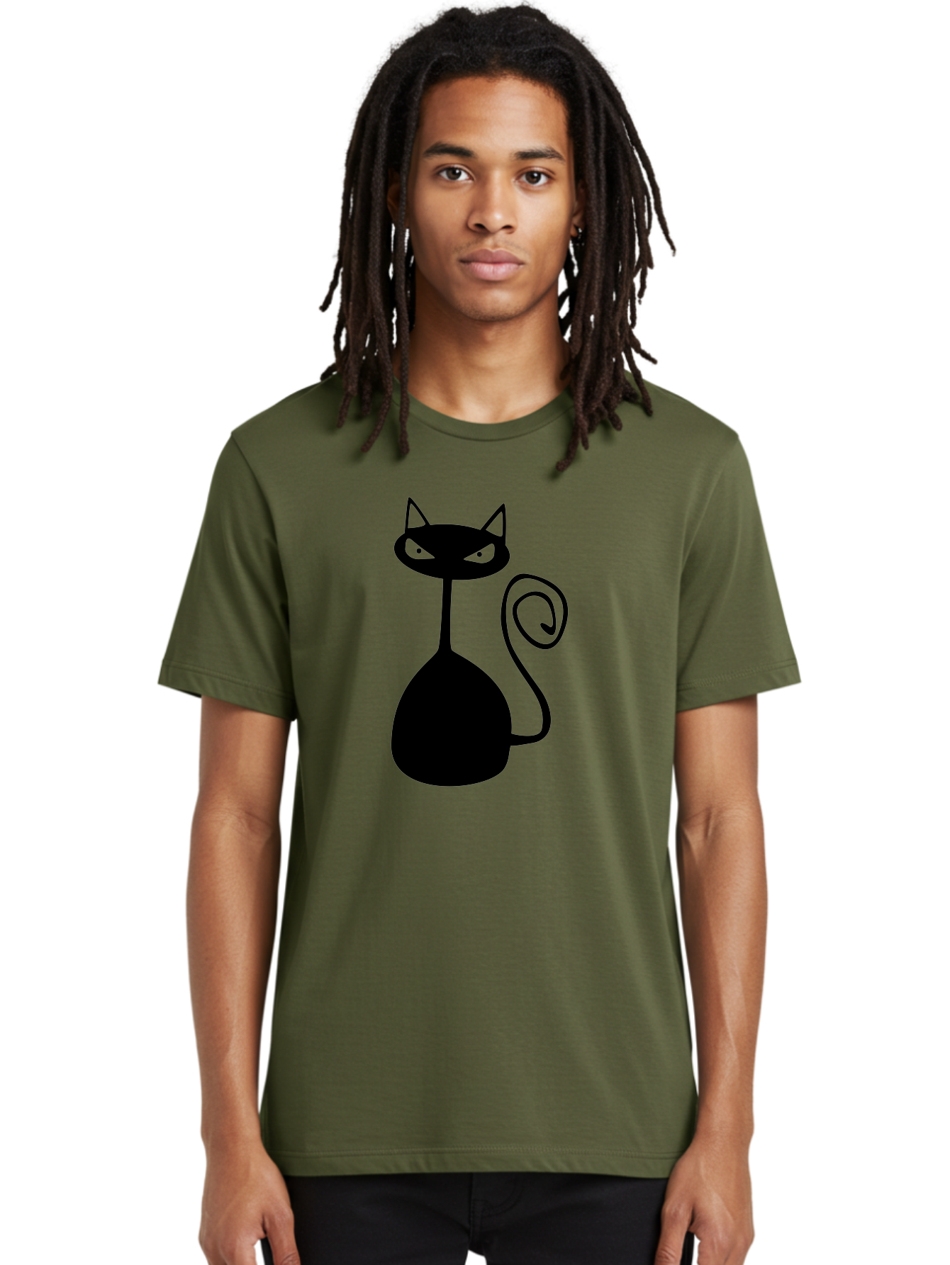 Black-Cat Men'S Graphic Tee, 100% Cotton, Comfortable Casual Summer Wear, Machine Washable, Black Cat Silhouette, Evil Cat, Green Eyes, Cartoon Style, Minimalist Design, Simple Shapes, Whimsical Art, Feline Illustration, Spooky Cat, Aab205