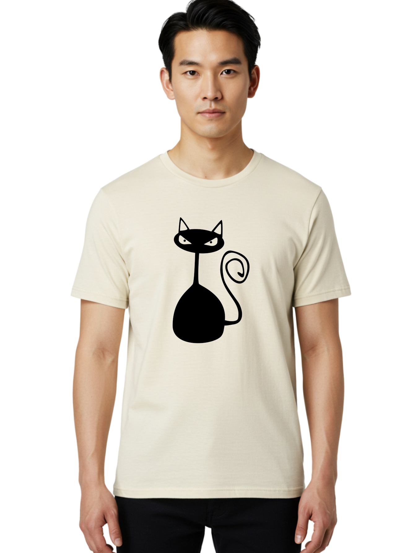 Black-Cat Men'S Graphic Tee, 100% Cotton, Comfortable Casual Summer Wear, Machine Washable, Black Cat Silhouette, Evil Cat, Green Eyes, Cartoon Style, Minimalist Design, Simple Shapes, Whimsical Art, Feline Illustration, Spooky Cat, Aab205