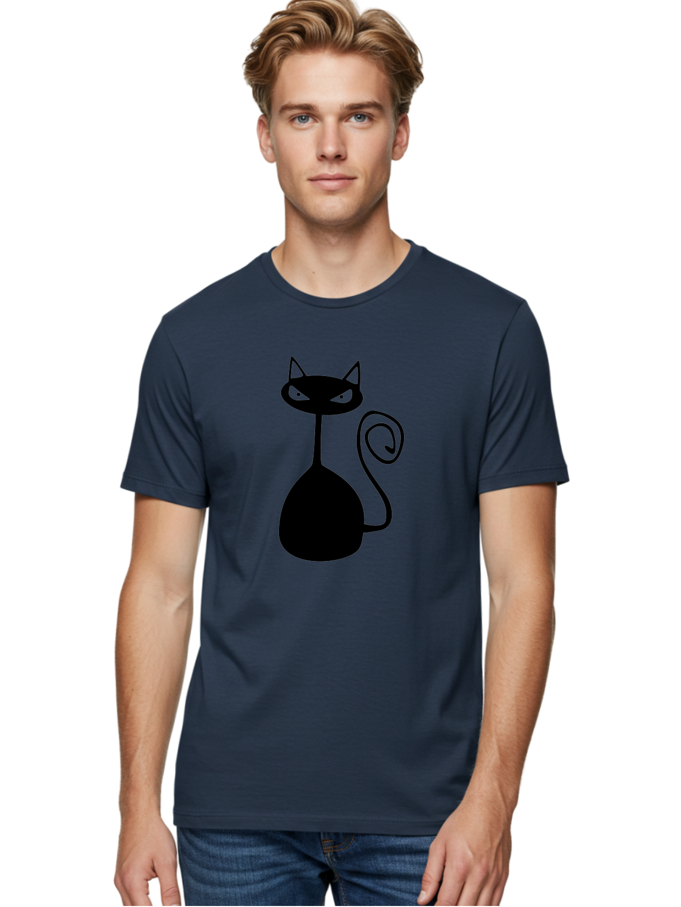 Black-Cat Men'S Graphic Tee, 100% Cotton, Comfortable Casual Summer Wear, Machine Washable, Black Cat Silhouette, Evil Cat, Green Eyes, Cartoon Style, Minimalist Design, Simple Shapes, Whimsical Art, Feline Illustration, Spooky Cat, Aab205