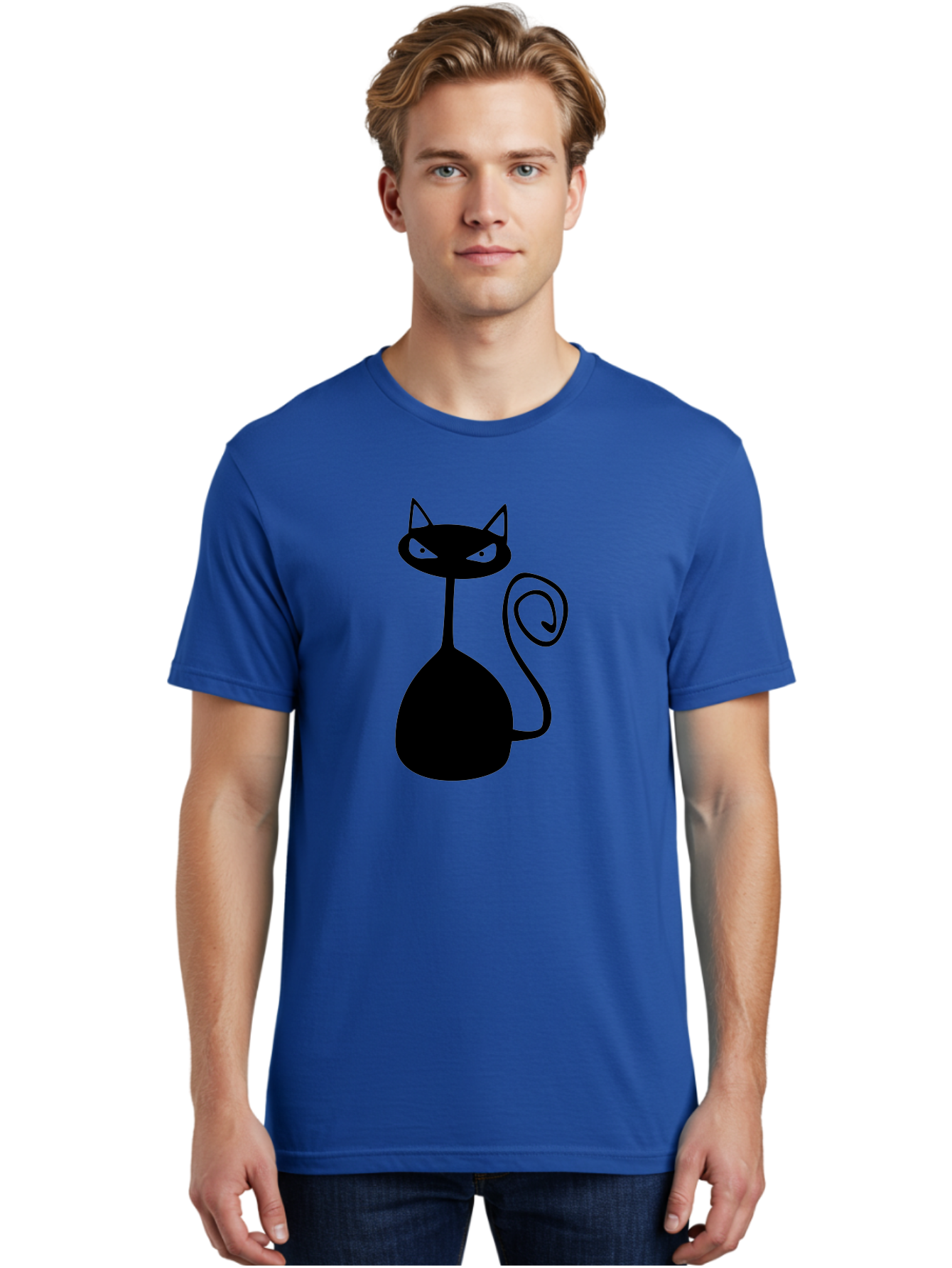 Black-Cat Men'S Graphic Tee, 100% Cotton, Comfortable Casual Summer Wear, Machine Washable, Black Cat Silhouette, Evil Cat, Green Eyes, Cartoon Style, Minimalist Design, Simple Shapes, Whimsical Art, Feline Illustration, Spooky Cat, Aab205