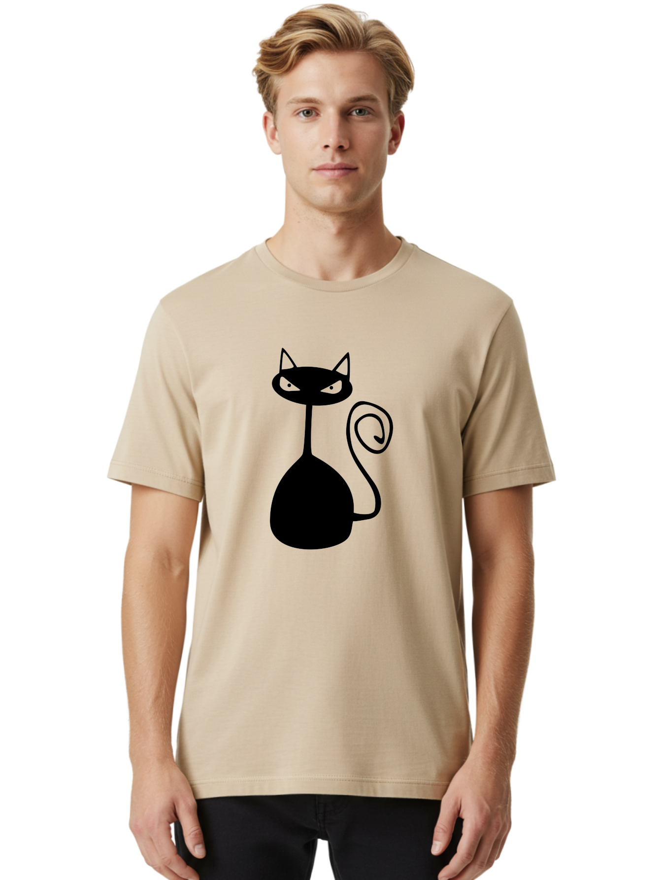 Black-Cat Men'S Graphic Tee, 100% Cotton, Comfortable Casual Summer Wear, Machine Washable, Black Cat Silhouette, Evil Cat, Green Eyes, Cartoon Style, Minimalist Design, Simple Shapes, Whimsical Art, Feline Illustration, Spooky Cat, Aab205