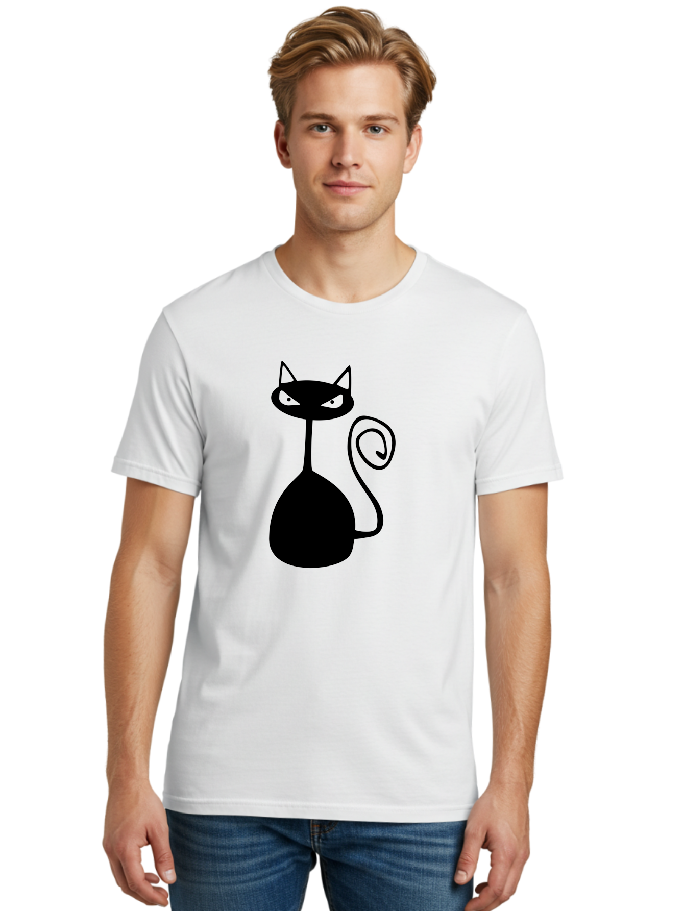 Black-Cat Men'S Graphic Tee, 100% Cotton, Comfortable Casual Summer Wear, Machine Washable, Black Cat Silhouette, Evil Cat, Green Eyes, Cartoon Style, Minimalist Design, Simple Shapes, Whimsical Art, Feline Illustration, Spooky Cat, Aab205