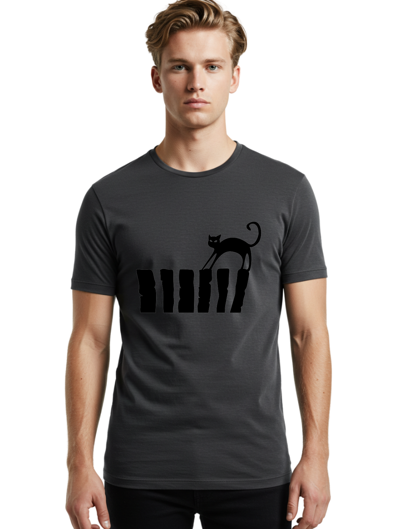 Cat-On-Fence Men'S Graphic Tee, 100% Cotton, Comfortable Casual Summer Wear, Machine Washable, Black Cat Silhouette, Feline Graphics, Cat On Fence, Whimsical Design, Minimalist Art, Cat Illustration, Modern Cat Graphic Aab208