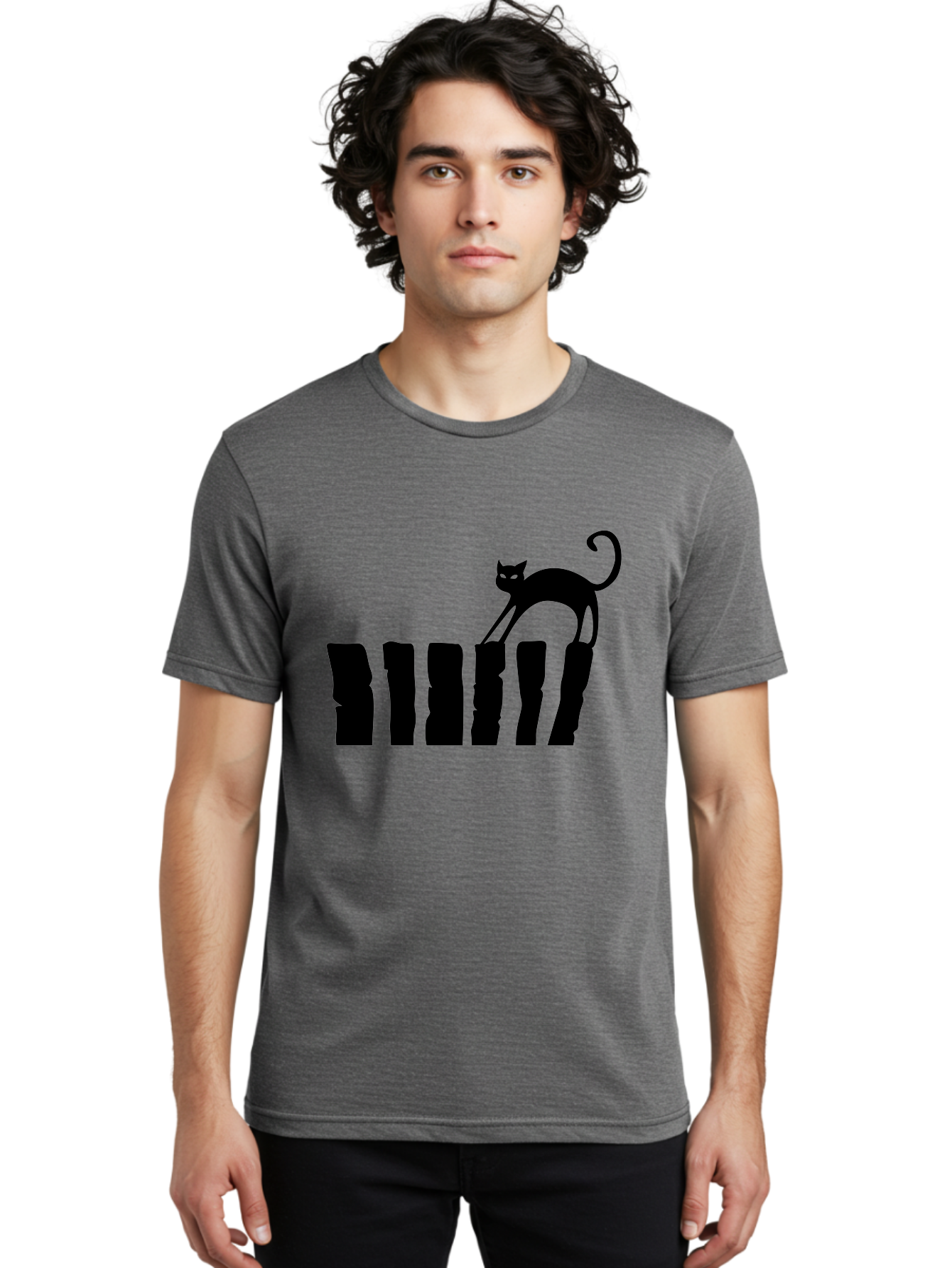 Cat-On-Fence Men'S Graphic Tee, 100% Cotton, Comfortable Casual Summer Wear, Machine Washable, Black Cat Silhouette, Feline Graphics, Cat On Fence, Whimsical Design, Minimalist Art, Cat Illustration, Modern Cat Graphic Aab208