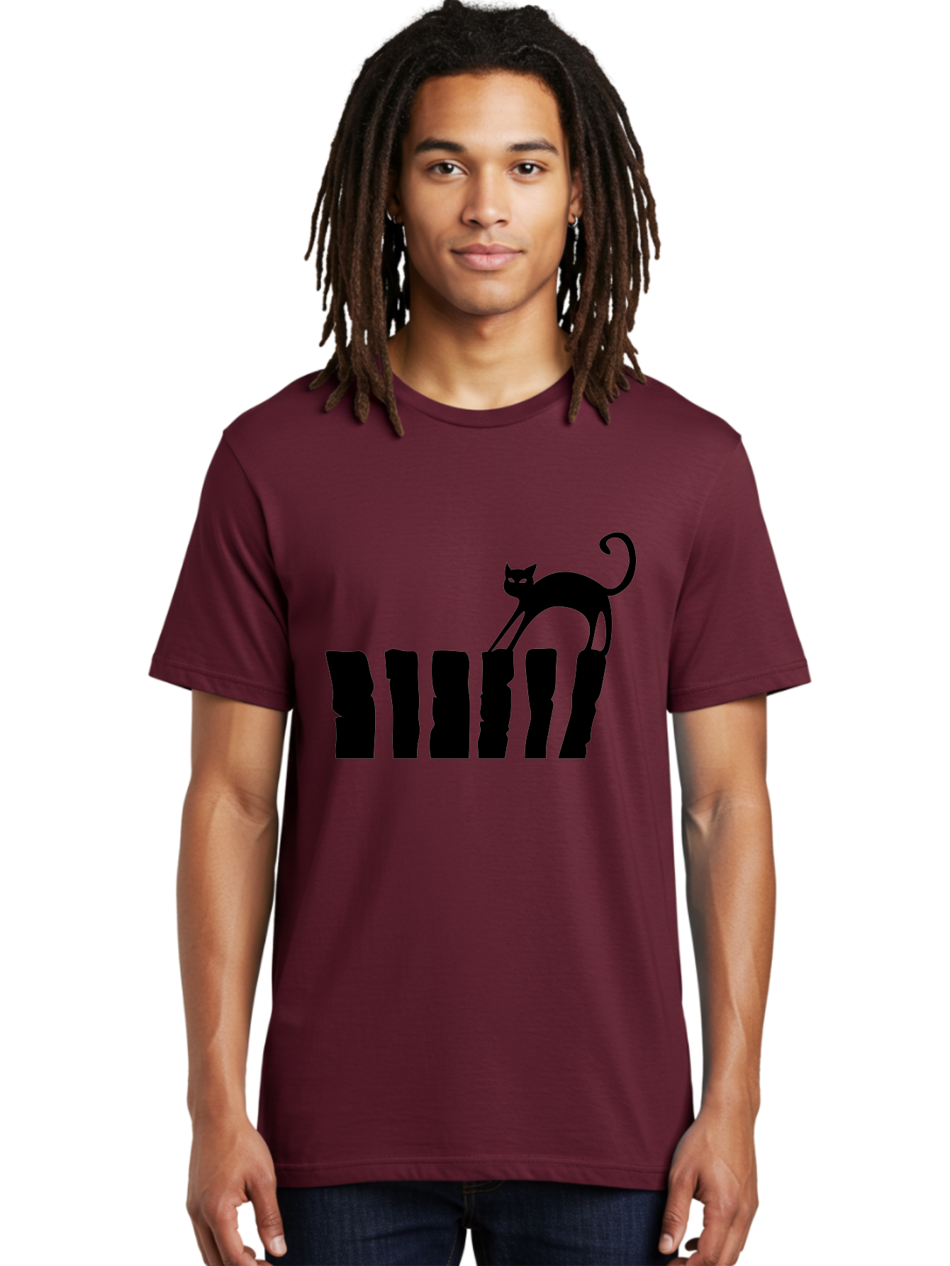 Cat-On-Fence Men'S Graphic Tee, 100% Cotton, Comfortable Casual Summer Wear, Machine Washable, Black Cat Silhouette, Feline Graphics, Cat On Fence, Whimsical Design, Minimalist Art, Cat Illustration, Modern Cat Graphic Aab208