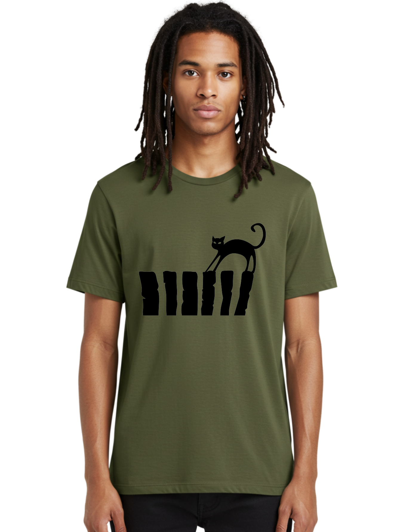 Cat-On-Fence Men'S Graphic Tee, 100% Cotton, Comfortable Casual Summer Wear, Machine Washable, Black Cat Silhouette, Feline Graphics, Cat On Fence, Whimsical Design, Minimalist Art, Cat Illustration, Modern Cat Graphic Aab208