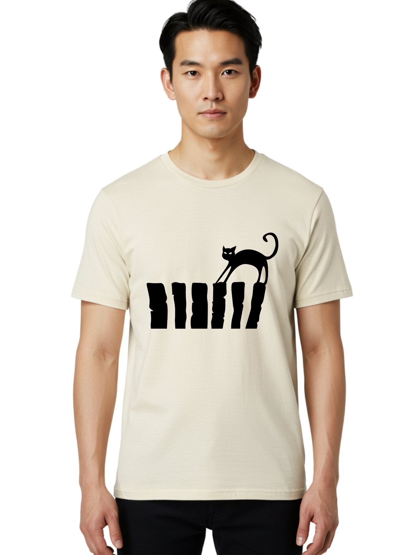 Cat-On-Fence Men'S Graphic Tee, 100% Cotton, Comfortable Casual Summer Wear, Machine Washable, Black Cat Silhouette, Feline Graphics, Cat On Fence, Whimsical Design, Minimalist Art, Cat Illustration, Modern Cat Graphic Aab208
