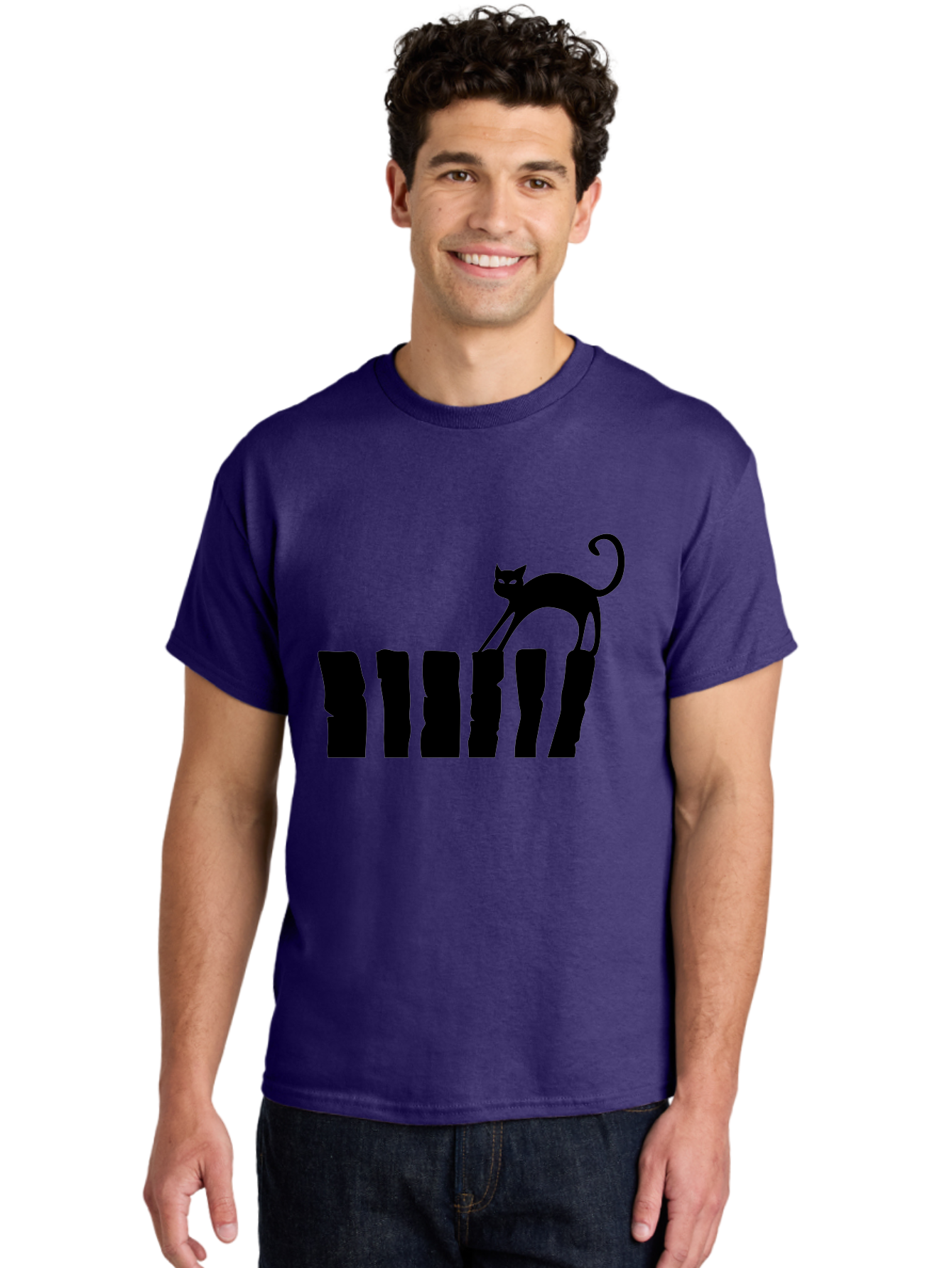 Cat-On-Fence Men'S Graphic Tee, 100% Cotton, Comfortable Casual Summer Wear, Machine Washable, Black Cat Silhouette, Feline Graphics, Cat On Fence, Whimsical Design, Minimalist Art, Cat Illustration, Modern Cat Graphic Aab208