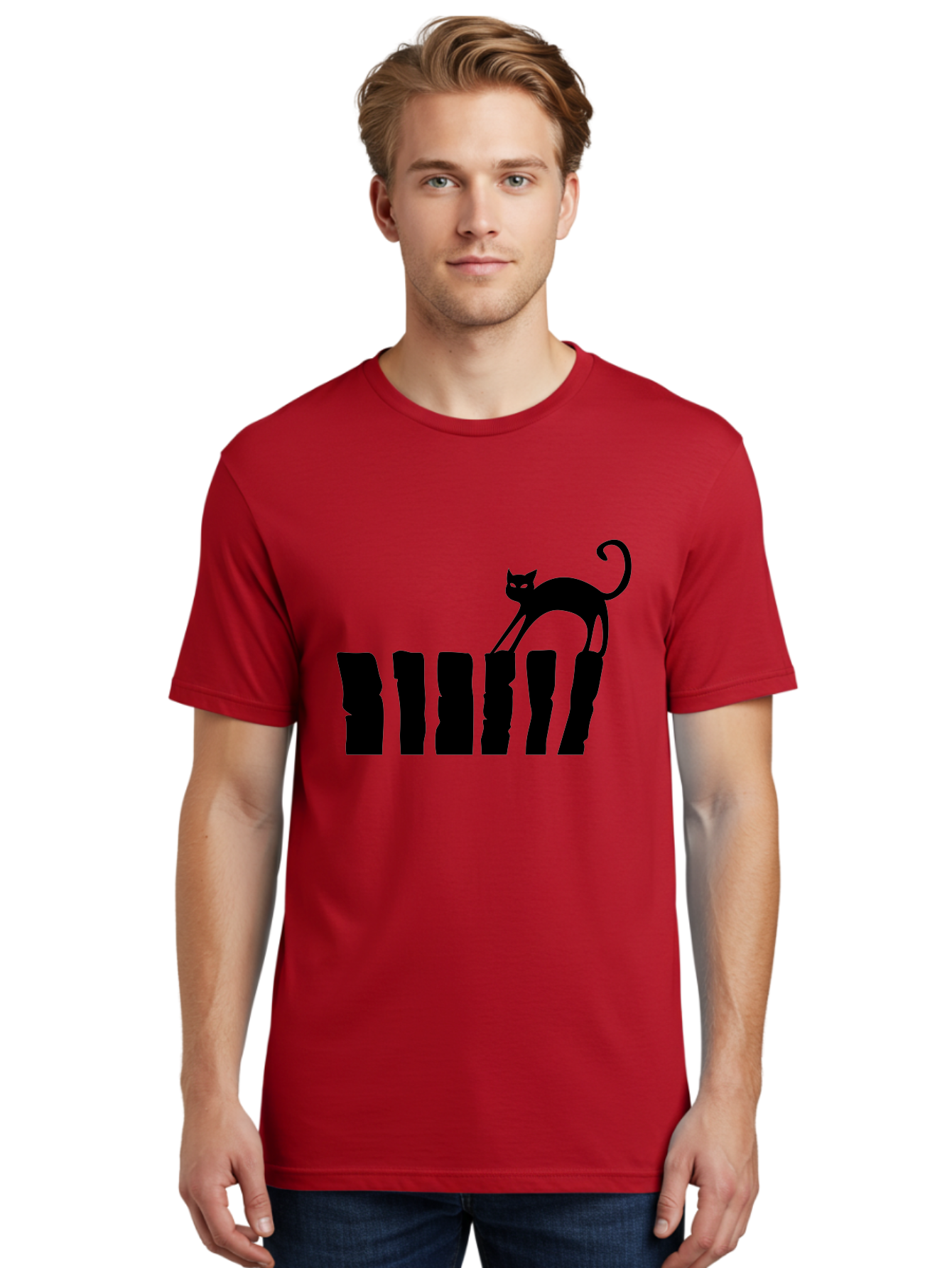Cat-On-Fence Men'S Graphic Tee, 100% Cotton, Comfortable Casual Summer Wear, Machine Washable, Black Cat Silhouette, Feline Graphics, Cat On Fence, Whimsical Design, Minimalist Art, Cat Illustration, Modern Cat Graphic Aab208