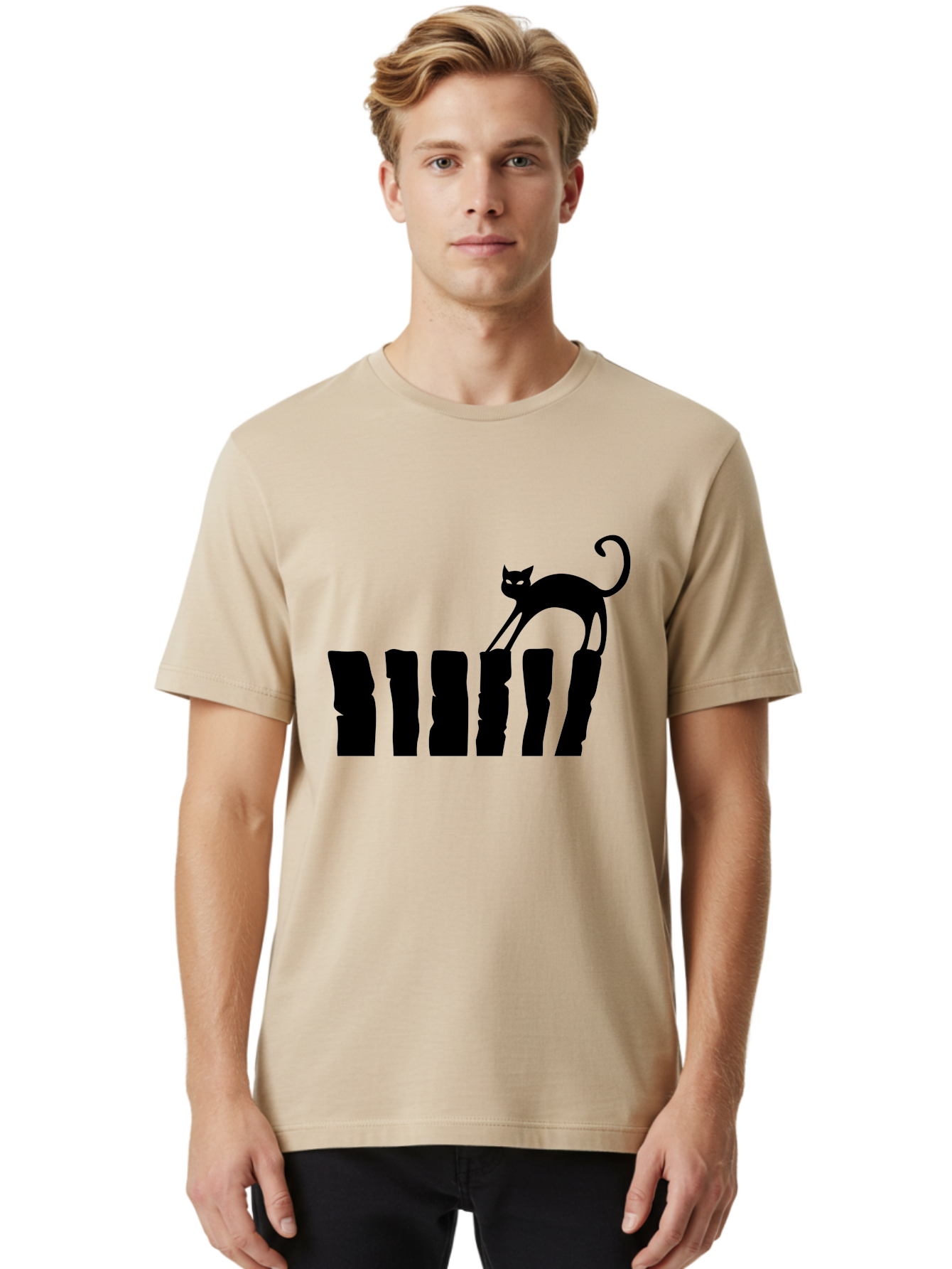 Cat-On-Fence Men'S Graphic Tee, 100% Cotton, Comfortable Casual Summer Wear, Machine Washable, Black Cat Silhouette, Feline Graphics, Cat On Fence, Whimsical Design, Minimalist Art, Cat Illustration, Modern Cat Graphic Aab208
