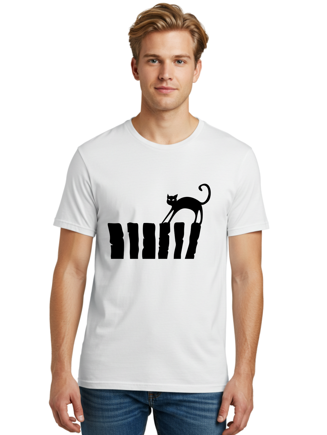 Cat-On-Fence Men'S Graphic Tee, 100% Cotton, Comfortable Casual Summer Wear, Machine Washable, Black Cat Silhouette, Feline Graphics, Cat On Fence, Whimsical Design, Minimalist Art, Cat Illustration, Modern Cat Graphic Aab208