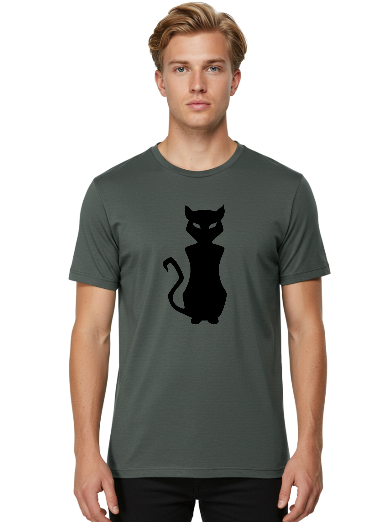 Cat-Silhouette Men'S Graphic Tee, 100% Cotton, Comfortable Casual Summer Wear, Machine Washable, Black Cat Silhouette, Glowy Eyes, Cat'S Paw On Face, Feline Figure, Mysterious Animal, Sleek Design, Glowing Green Eyes, Cat Shape Aab209